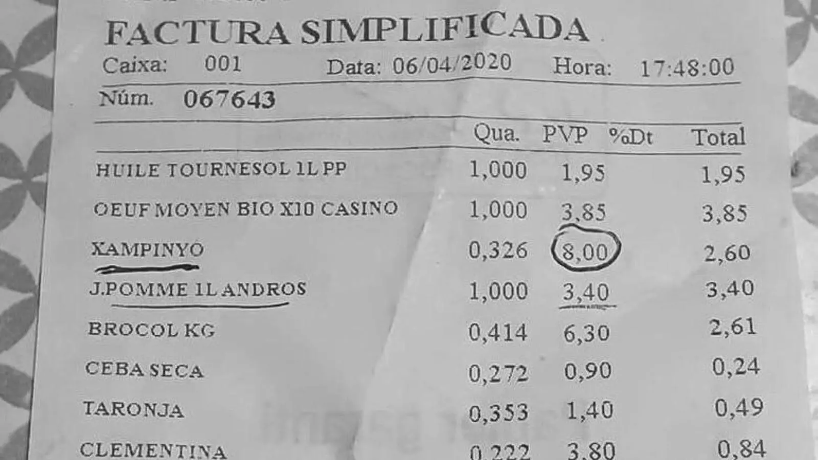 Imatge del tiquet de compra que un client ha fet públic a les xarxes queixant-se de preus excessius. / ARA Andorra