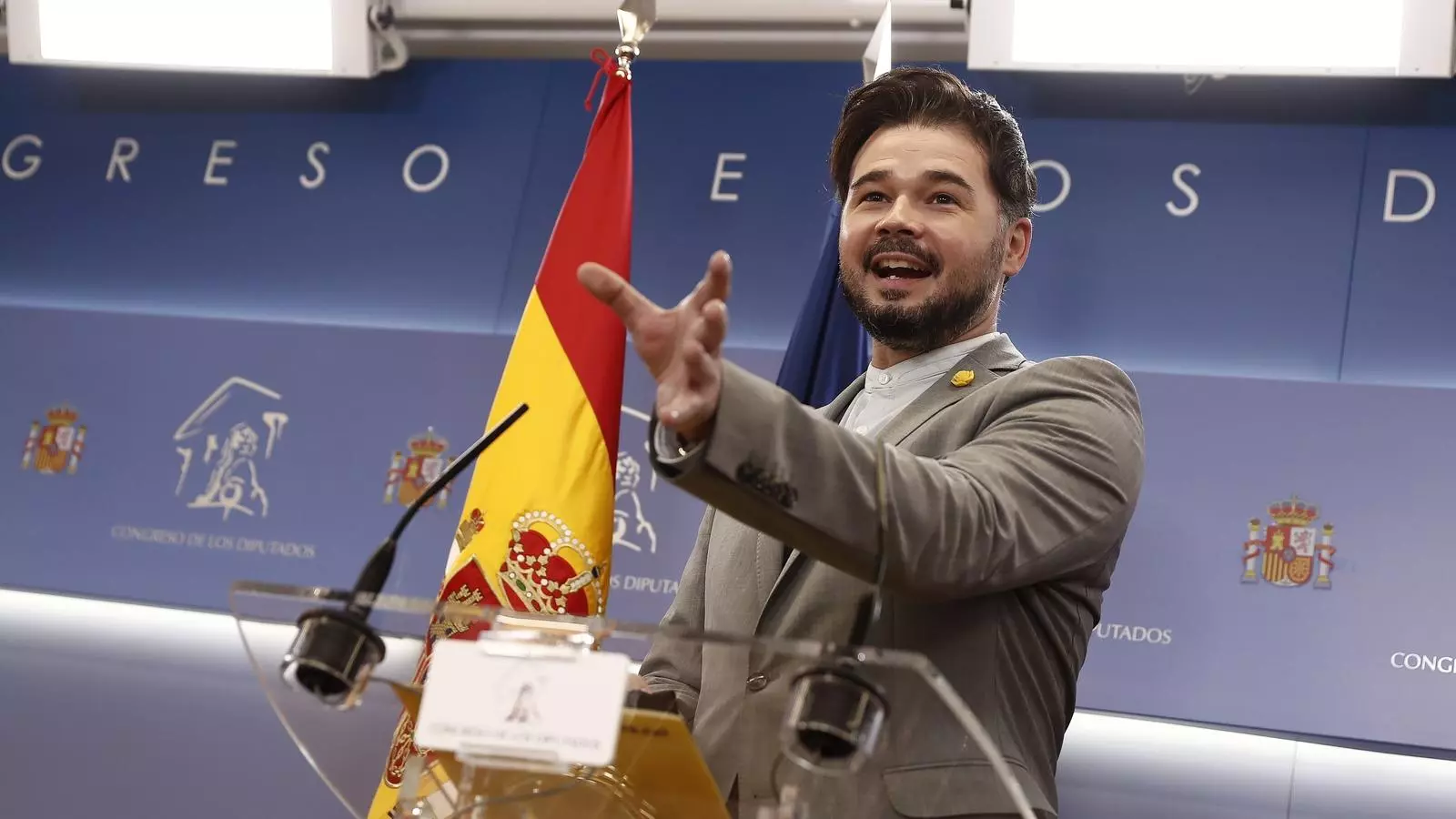 El portaveu d'ERC al Congrés, Gabriel Rufián, durant una roda de premsa a Madrid.