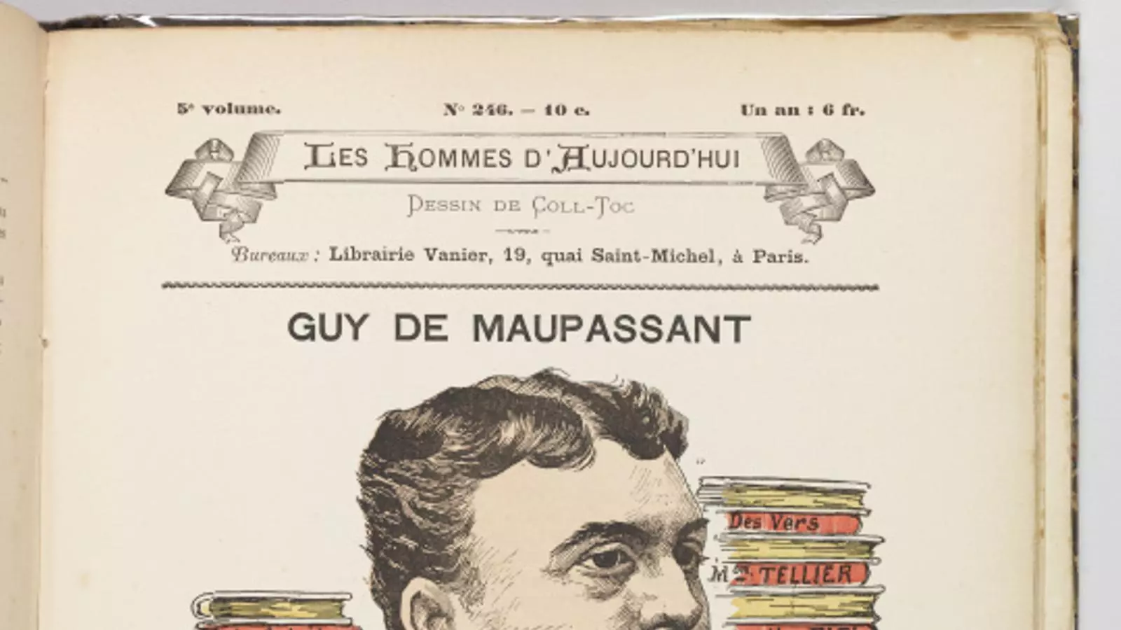 Il·lustració parisenca sobre Maupassant, en què se'l veu assegut al damunt dels dos autors que més el van influir, Balzac i Flaubert