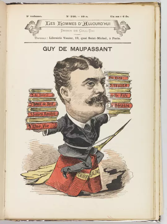 Il·lustració parisenca sobre Maupassant, en què se'l veu assegut al damunt dels dos autors que més el van influir, Balzac i Flaubert