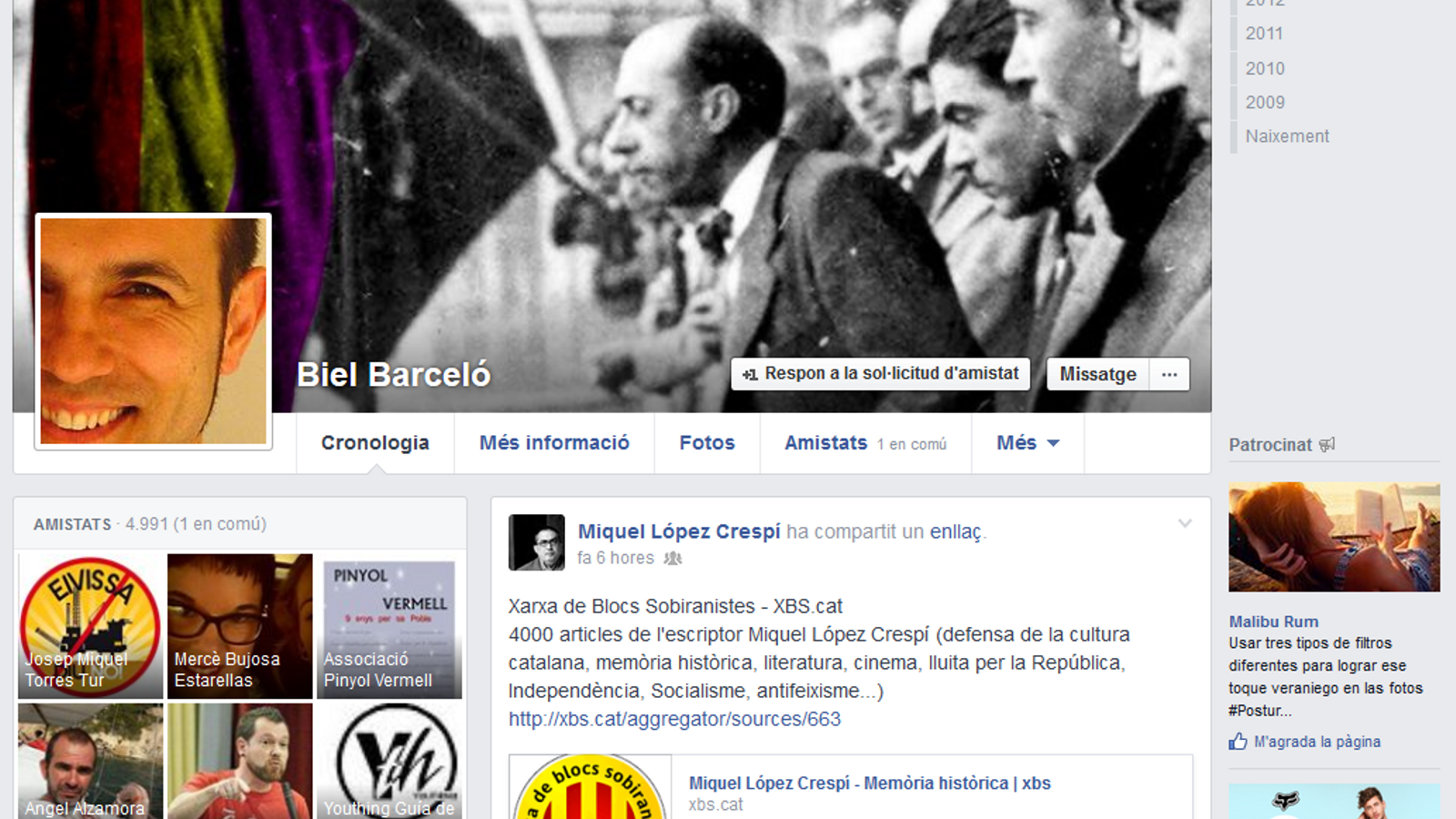 Tal com destaca l'estudi, Biel Barceló no té fanpage a Facebook, però sí més de 5.000 amistats en el seu perfil personal