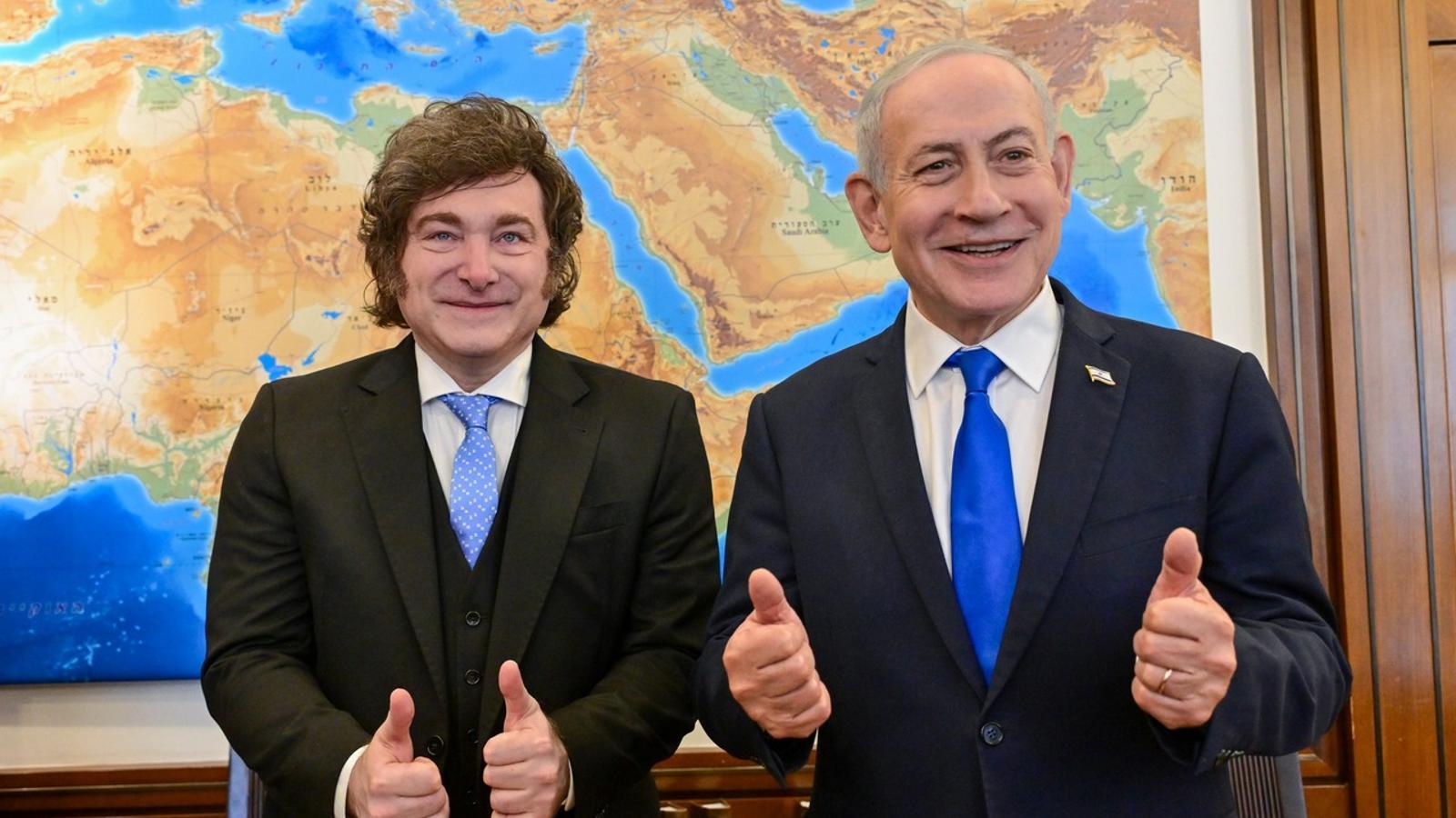 El presidente de Argentina Javier Milei y el primer ministro israelí Benjamin Netanyahu, esta tarde en Jerusalén.