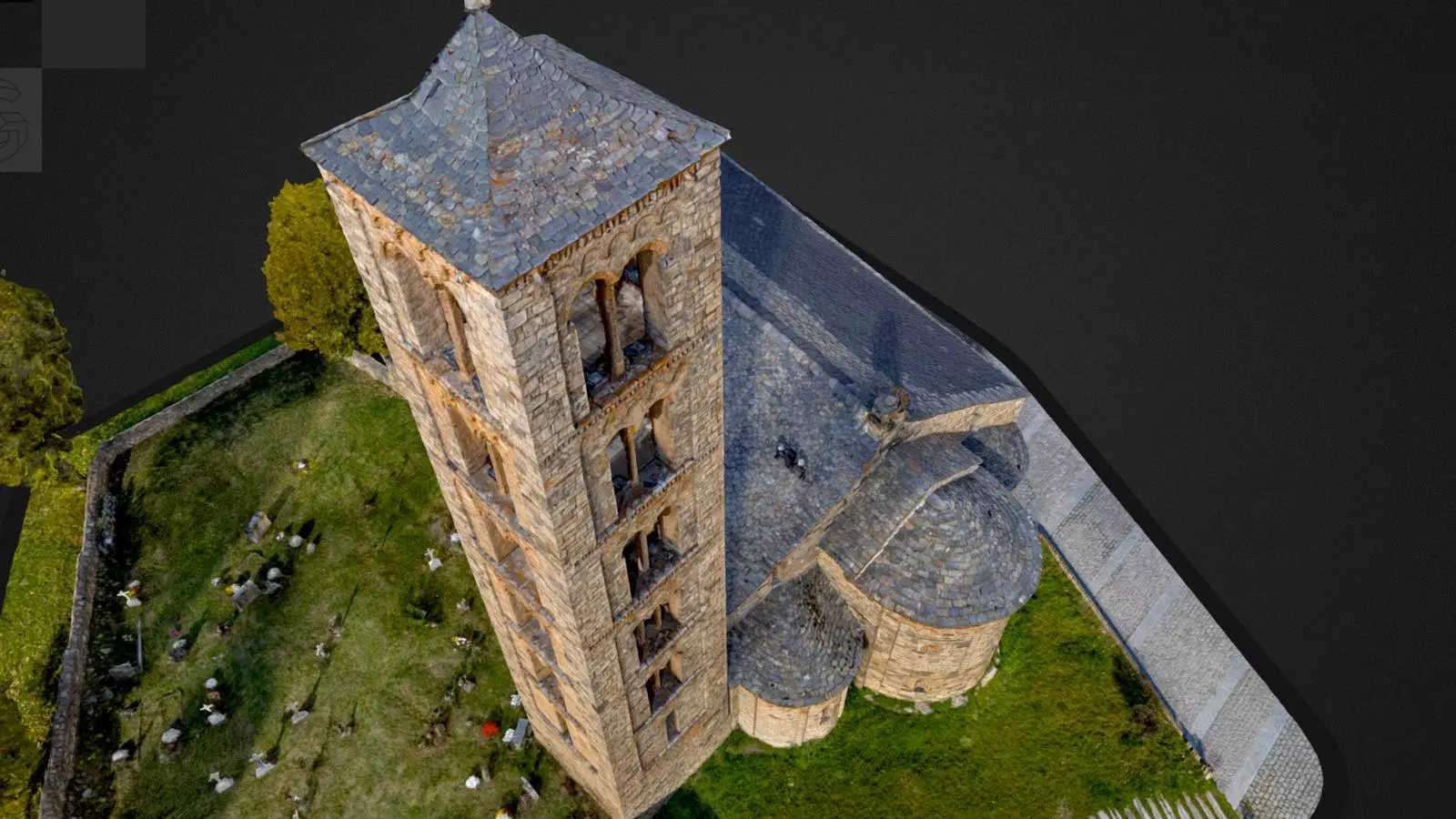Una vista d'ocell de Sant Climent de Taull en 3D