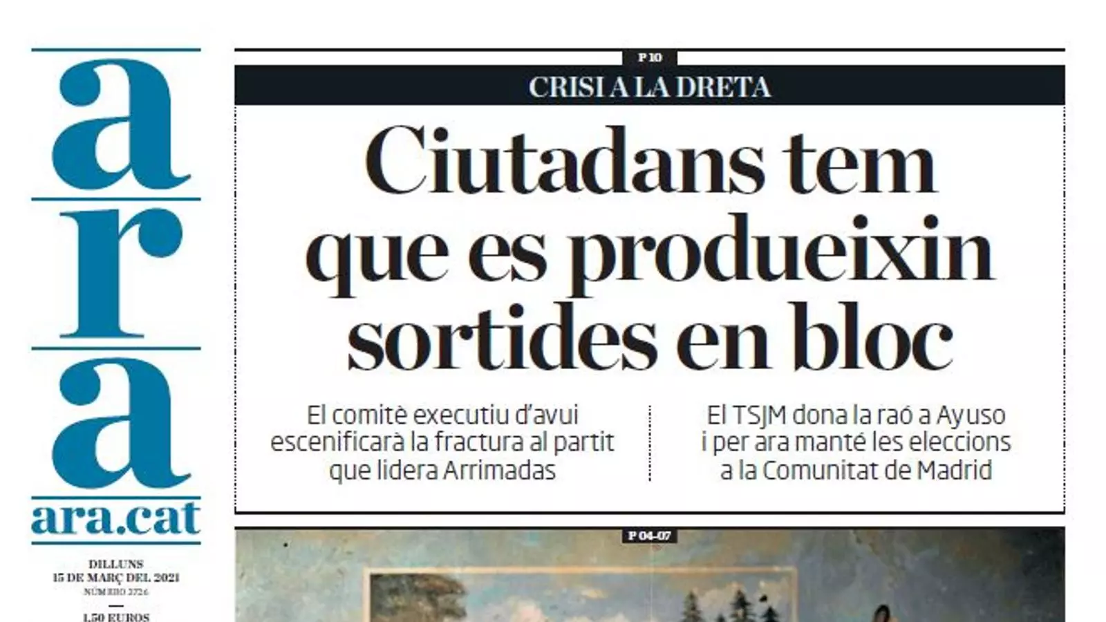 Portada de l'ARA, dilluns 15 de març del 2021