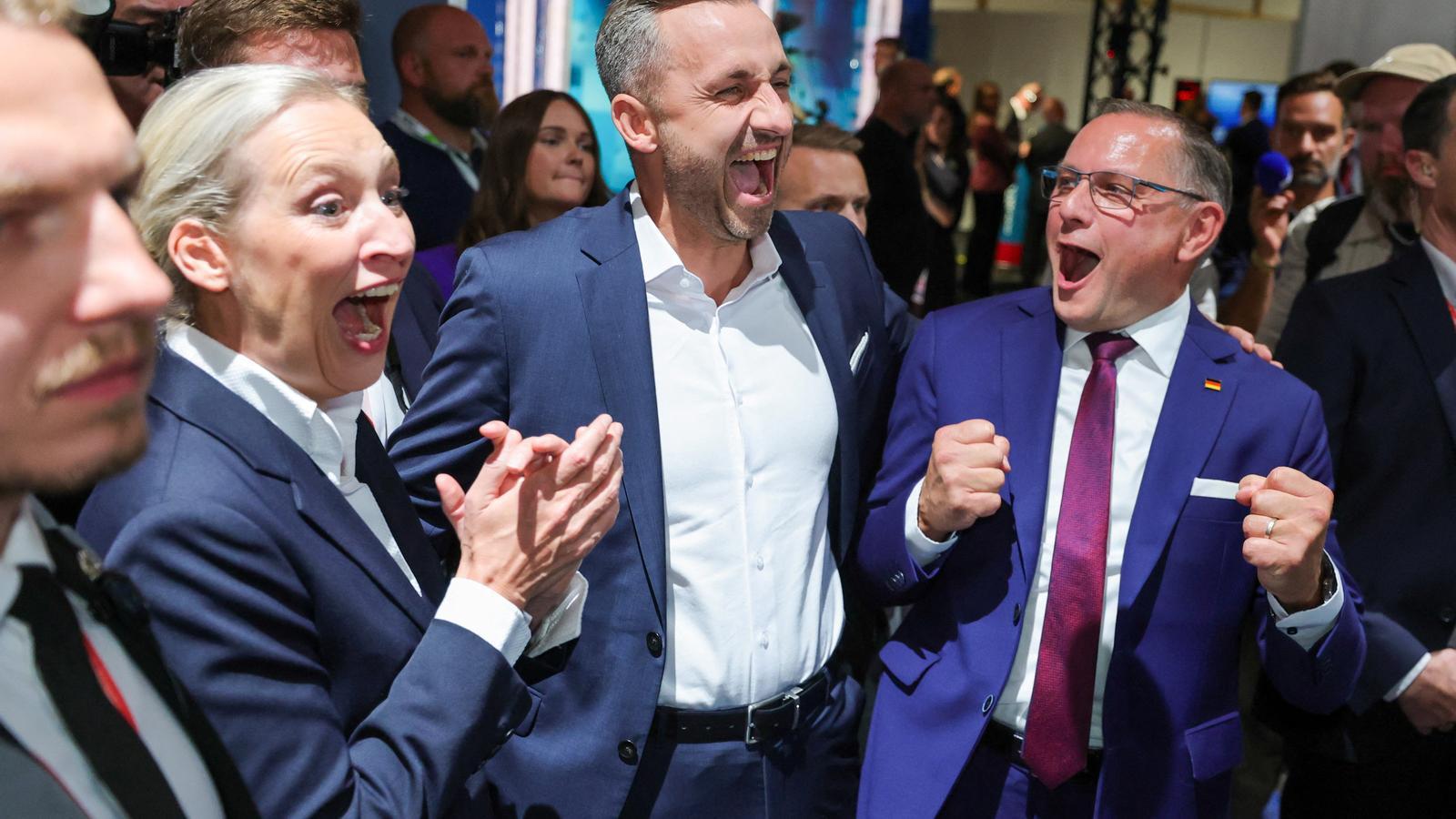El candidato de la AfD en Sajonia-Anhalt, Ulrich Siegmund, celebra el resultado con los colíderes del partido, Alice Weidel y Tino Chrupalla.