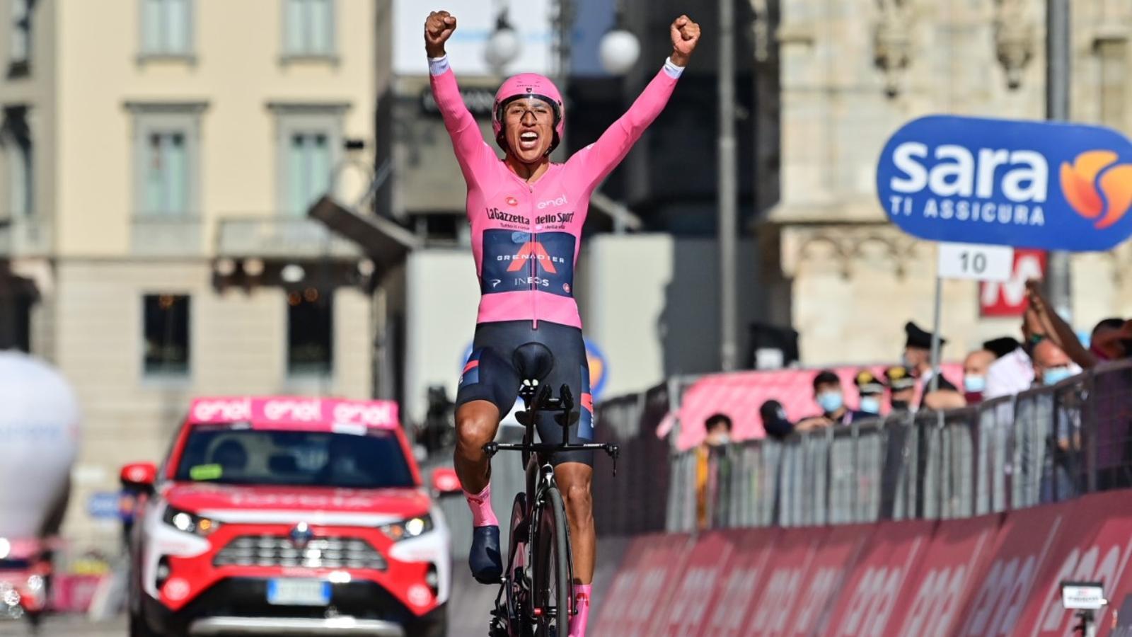 Egan Bernal celebrates his Giro win.