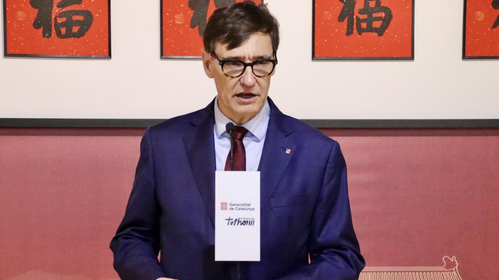 The president of the Generalitat (Catalan government), Salvador Illa, speaking to the media in Beijing.