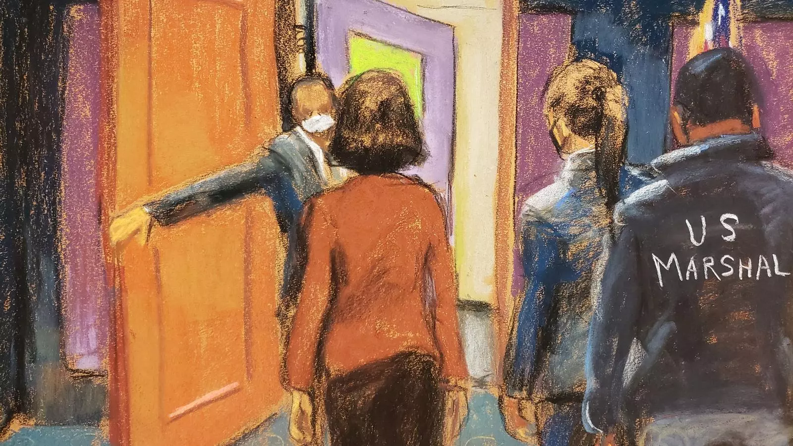 Il.lustració del moment del judici en què Maxwell és escortada després del veredicte de culpabilitat