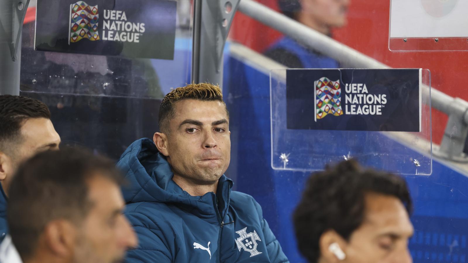 The Portuguese Cristiano Ronaldo sits on the bench during the UEFA Nations League football match between Norway and Portugal at the Ullevaal stadium in Oslo