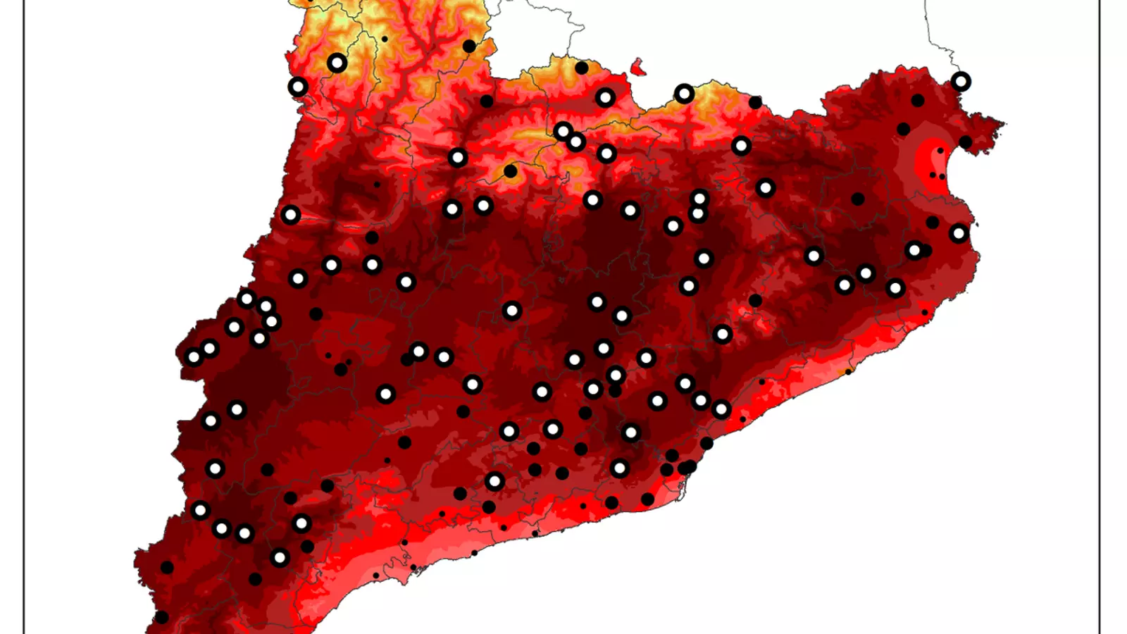 Mapa de la temperatura màxima de divendres i dels rècords de temperatura màxima absoluta (cercles grossos blancs) i per un mes de juny (punts grossos negres) assolits.
