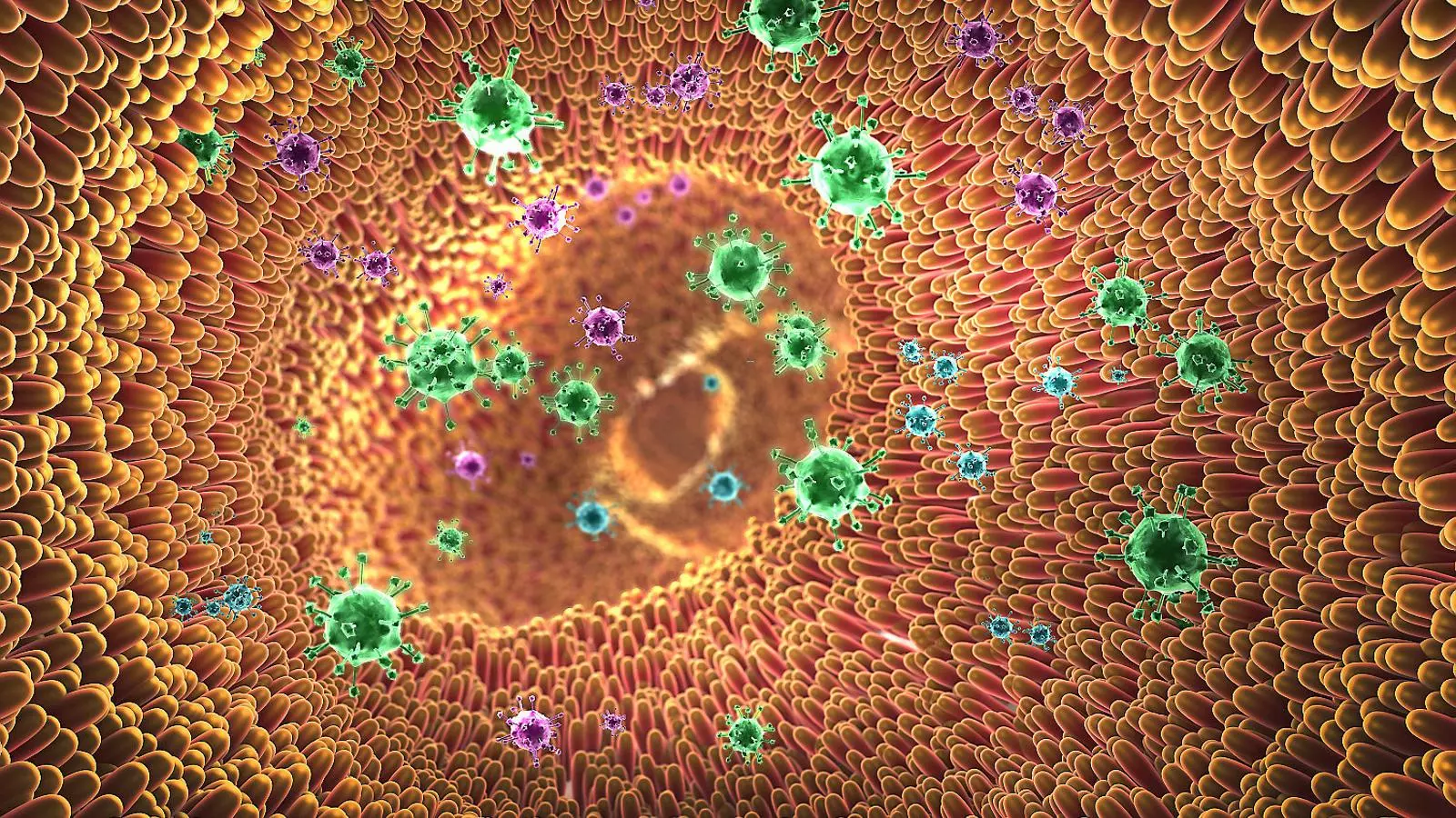 Il·lustració en 3D d’una visió microscòpica que mostra virus i vellositats intestinals al tracte digestiu.