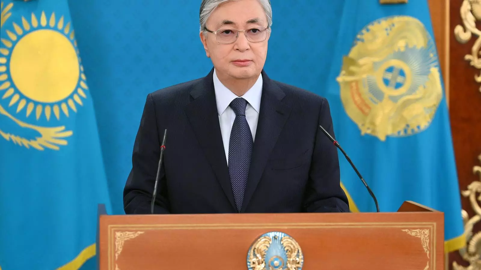 Khassim-Jomart Tokhàiev, president del Kazakhstan, durant el discurs d'aquest divendres