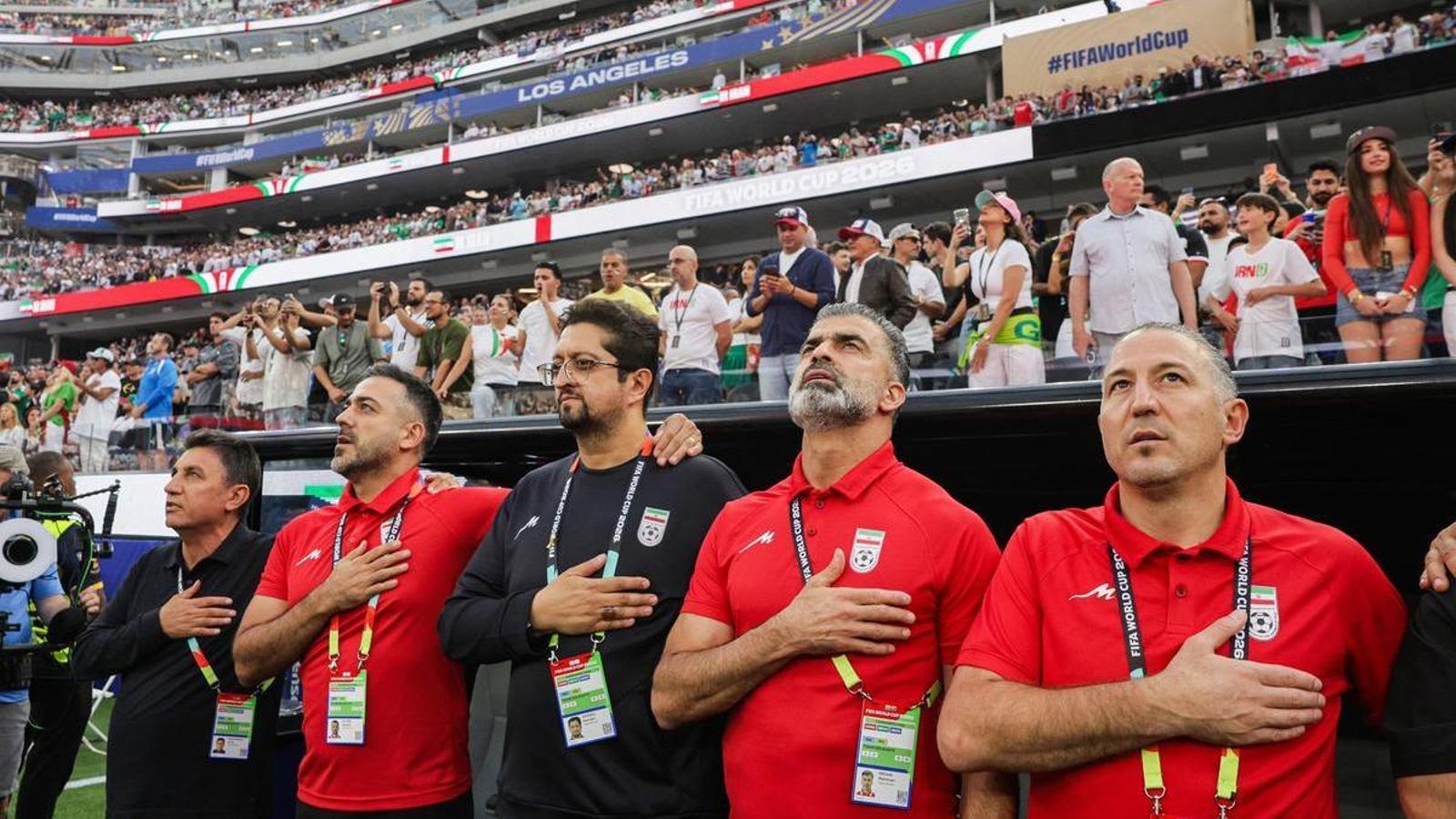 The technical staff of the Islamic Republic of Iran during the national anthem prior to the 2026 FIFA World Cup group stage match between Iran and New Zealand, in Los Angeles, California, USA, on June 15, 2026.