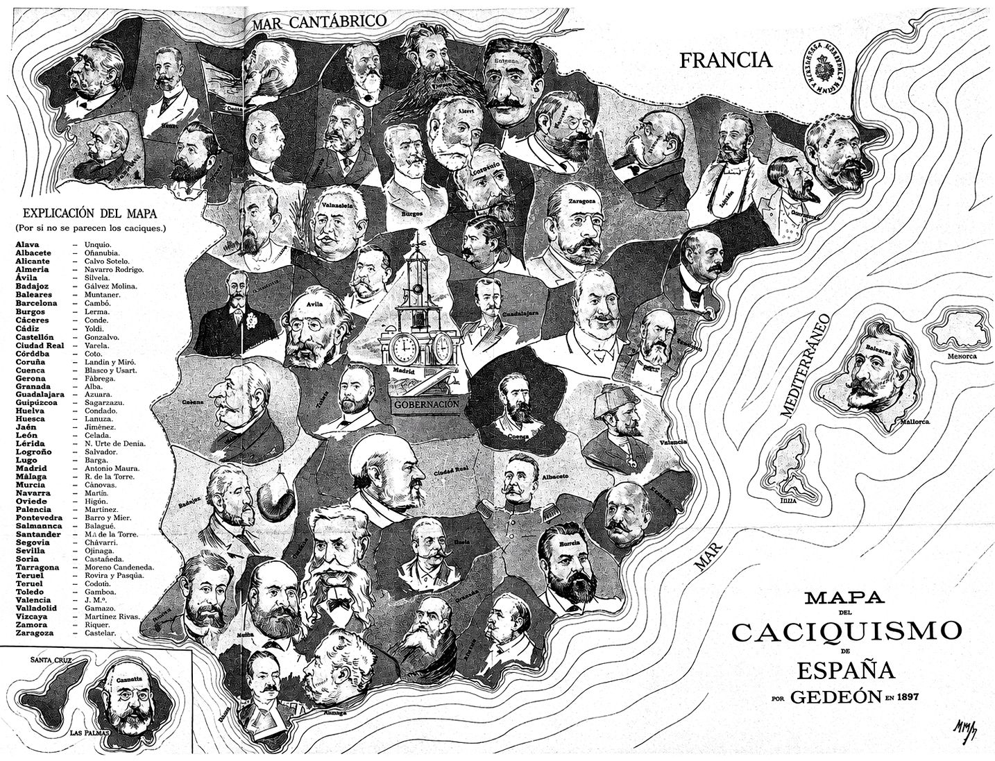 Mapa del caciquisme a l’Estat el 1897 per Joaquín Moya a l’Almanaque de Gedeón, amb Maura a les Illes.