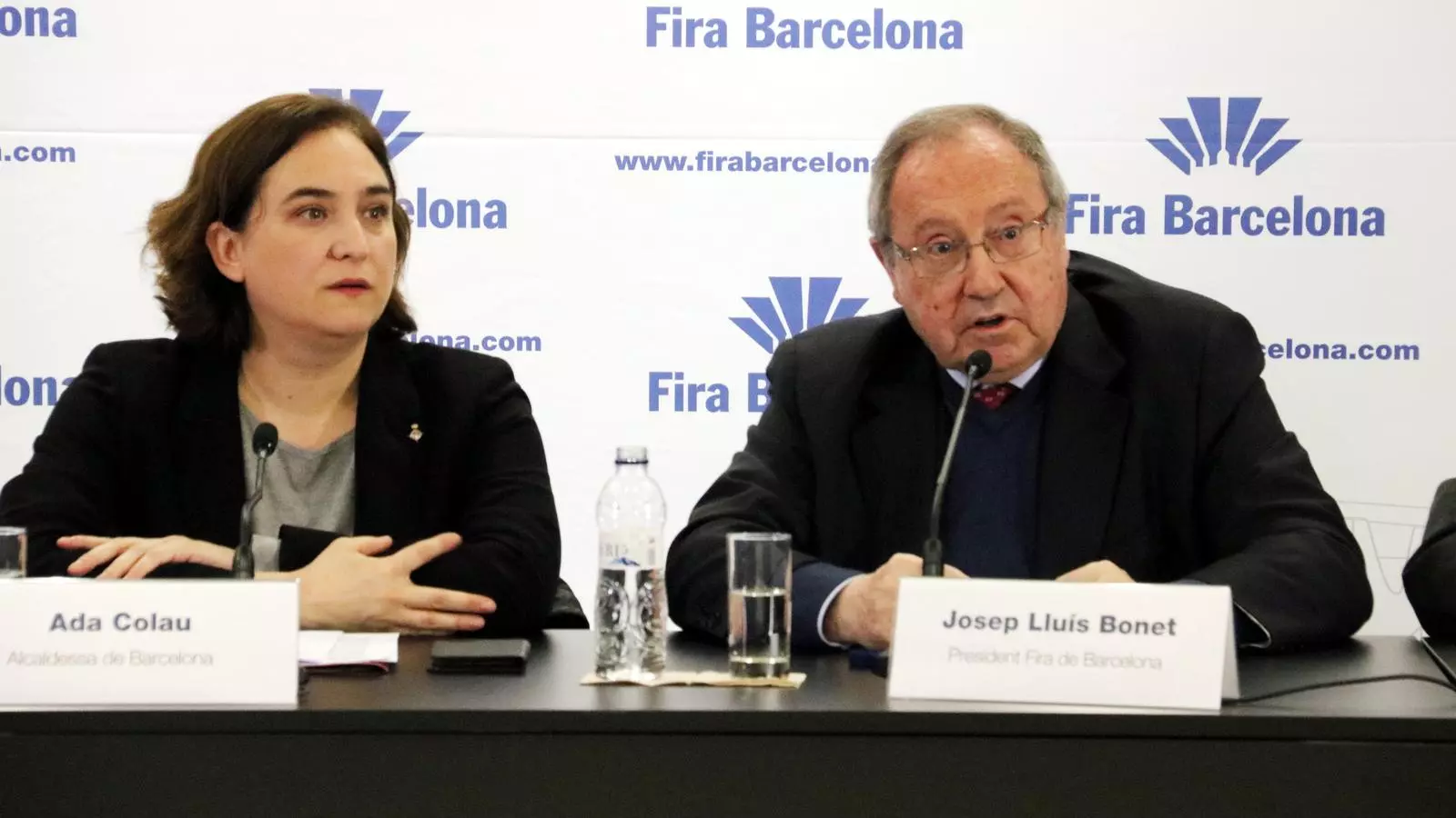 Ada Colau i Josep Lluís Bonet en la presentació de resultats de la Fira.