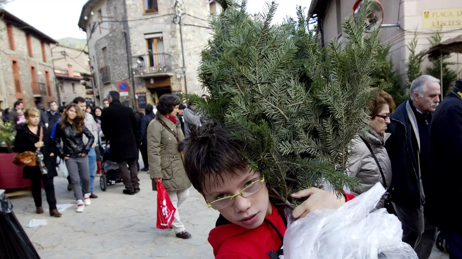 Un nen carregant amb un petit avet, en una edició passada de la Fira d'Espinelves