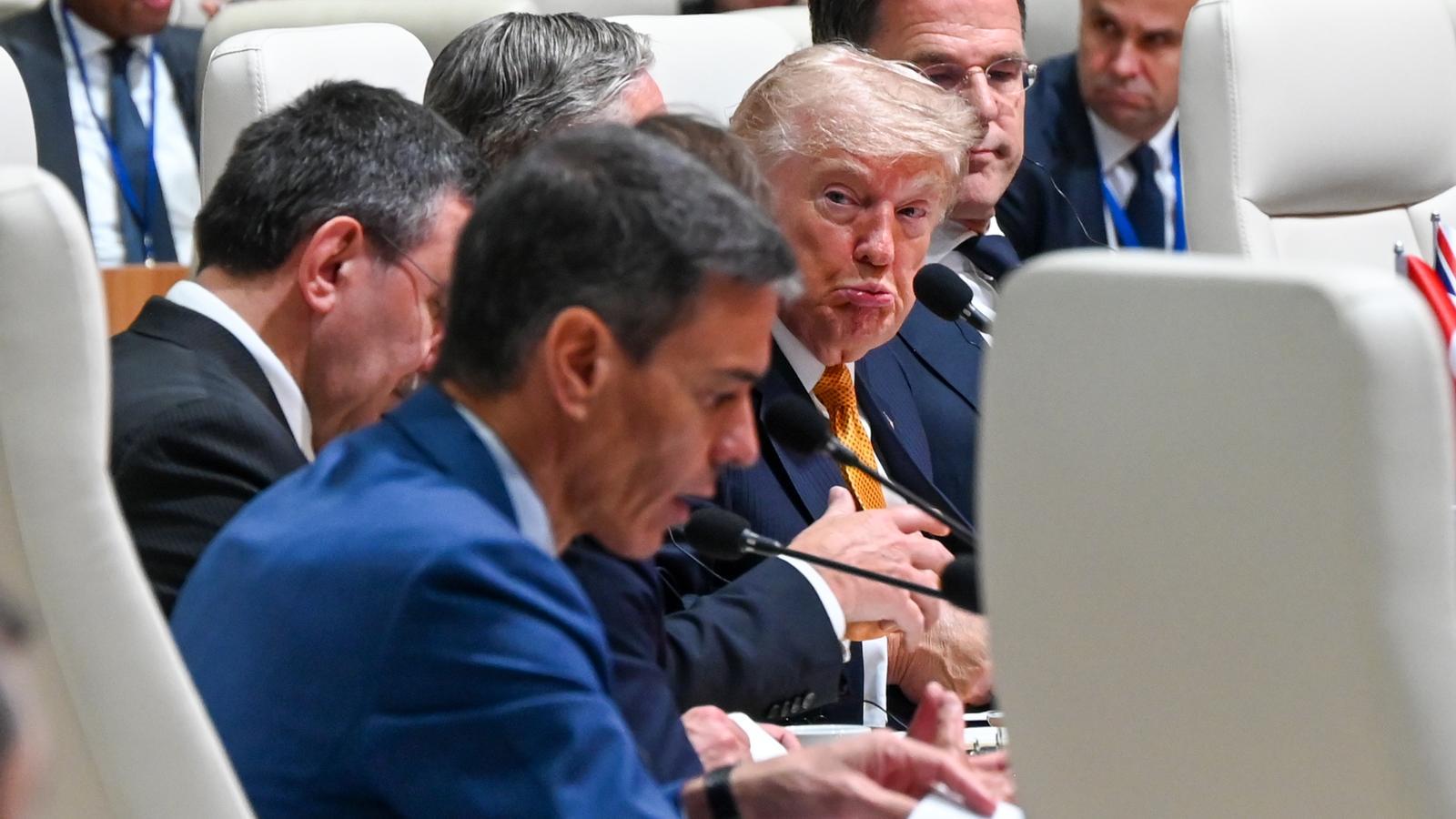 The President of the United States, Donald Trump, looks at the President of the Spanish Government, Pedro Sánchez, during the working session of the NATO leaders' summit in Ankara.