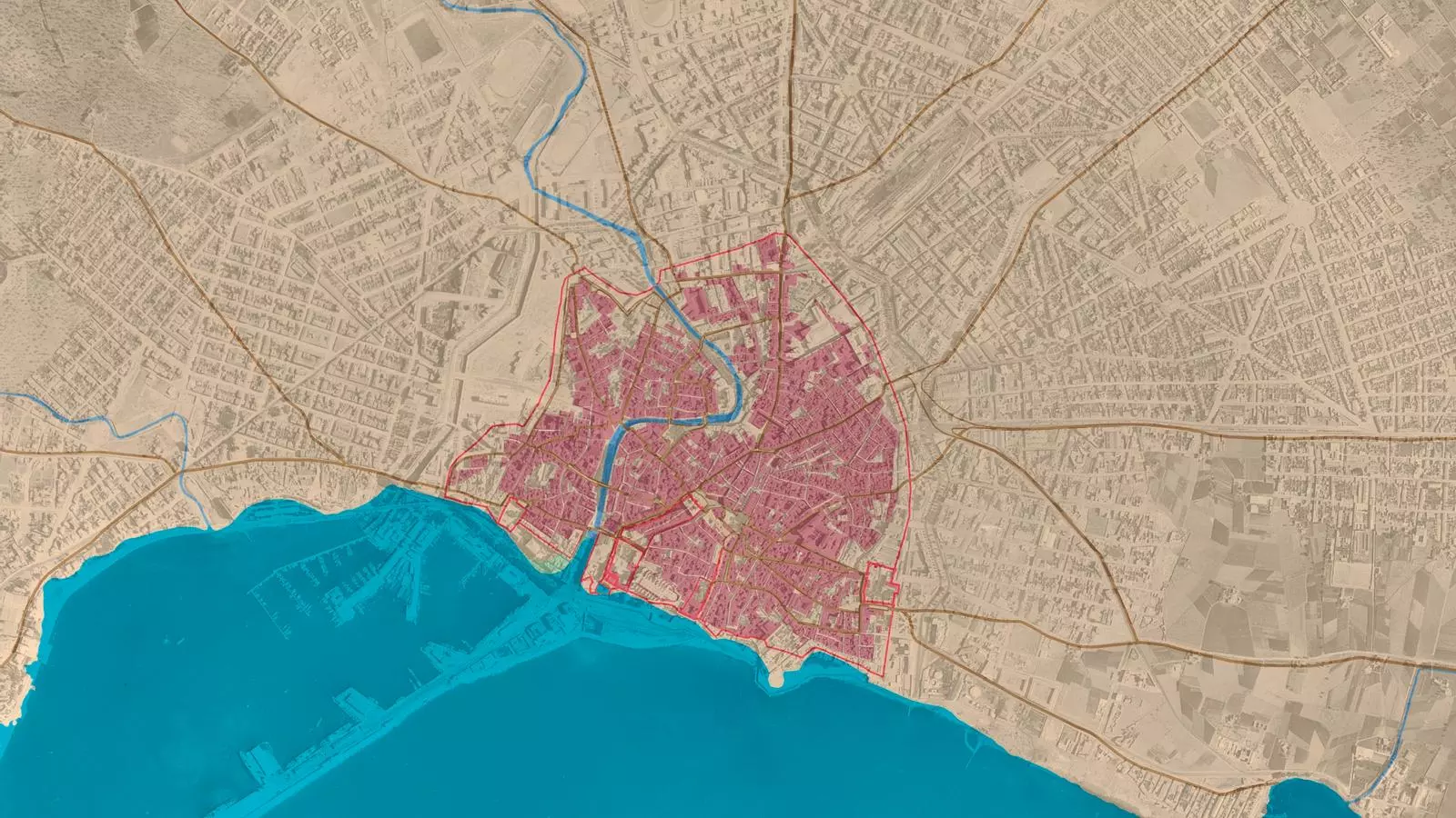 Cartografia digitalitzada de la Carta Històrica de l'any 1300, amb la imatge aèria del 1956 de fons.