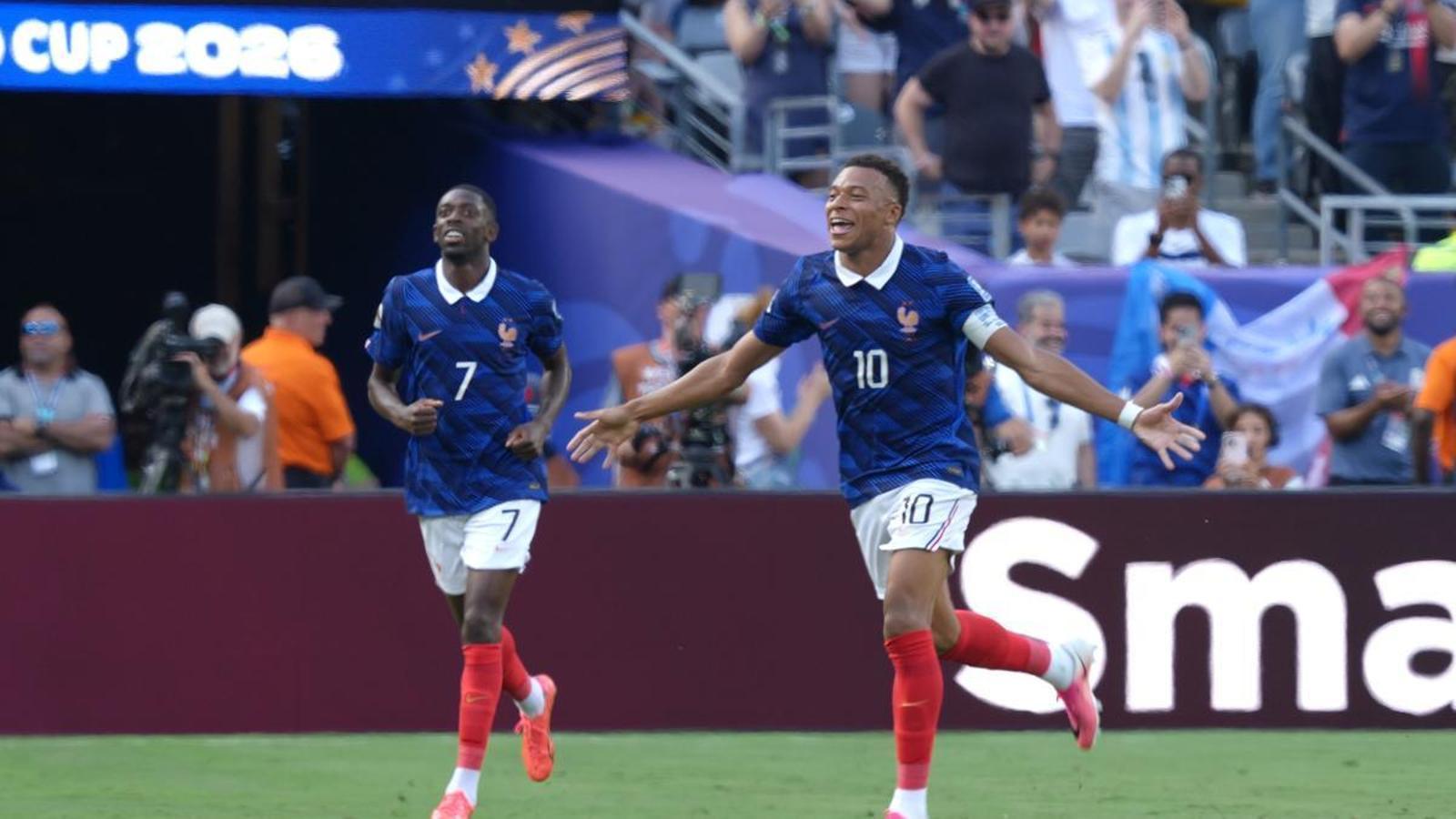 Mbappé, celebrating the first goal against Sweden
