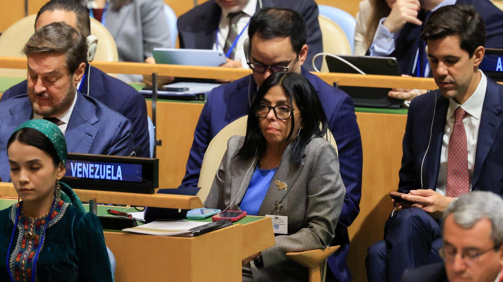 La presidenta interina de Venezuela, Delcy Rodríguez, durante la primera sesión de la 81a Asamblea General de la ONU en Nueva York.
