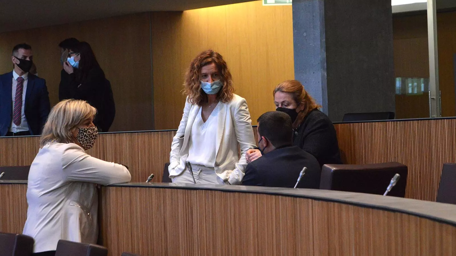 La ministra de Medi Ambient, Agricultura i Sostenibilitat, Sílvia Calvó, conversa amb consellers abans de la sessió, entre els quals Oliver Alís.