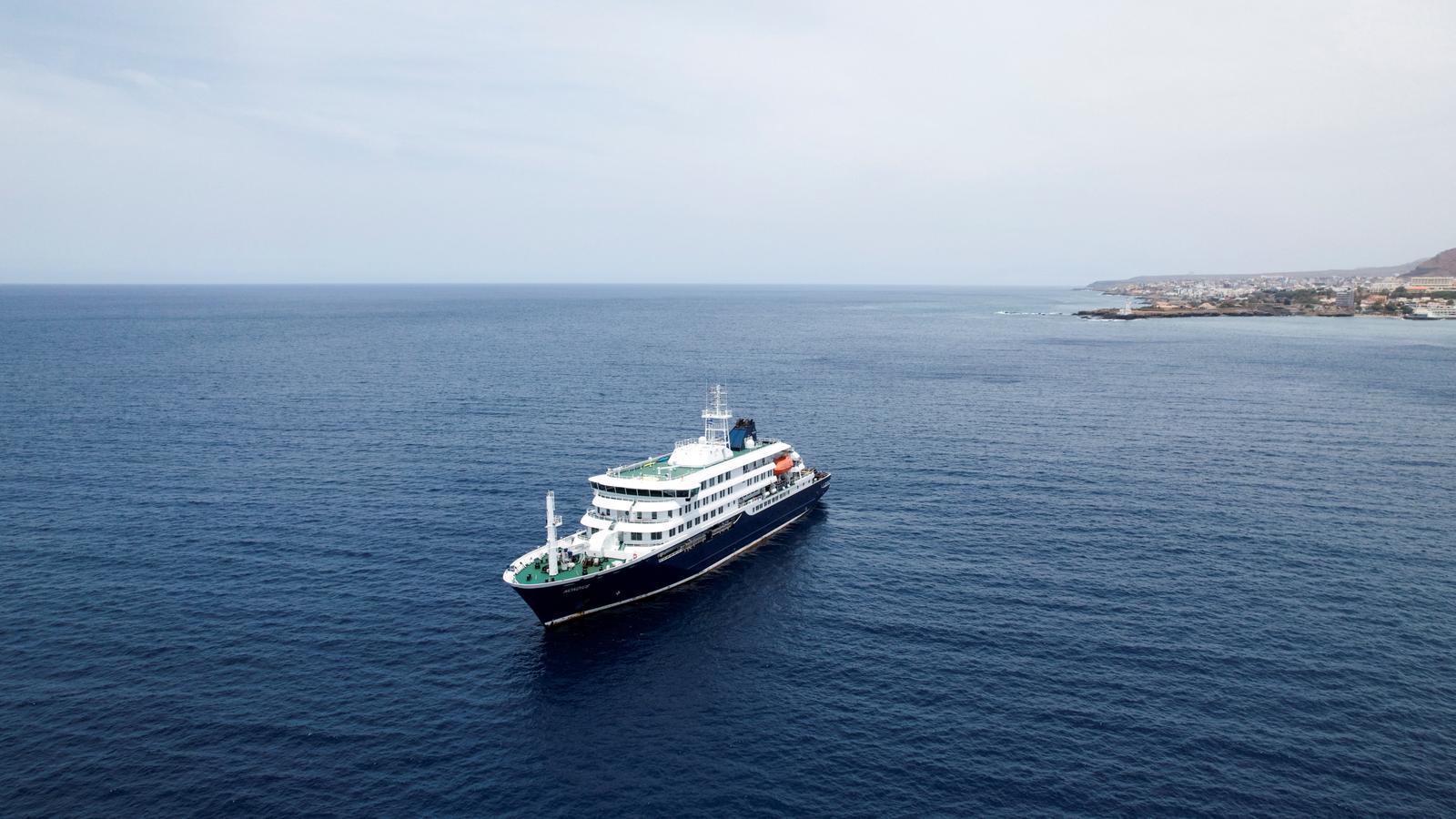 A drone view of the cruise ship MV Hondius as it prepares to depart from Praia, Cape Verde.