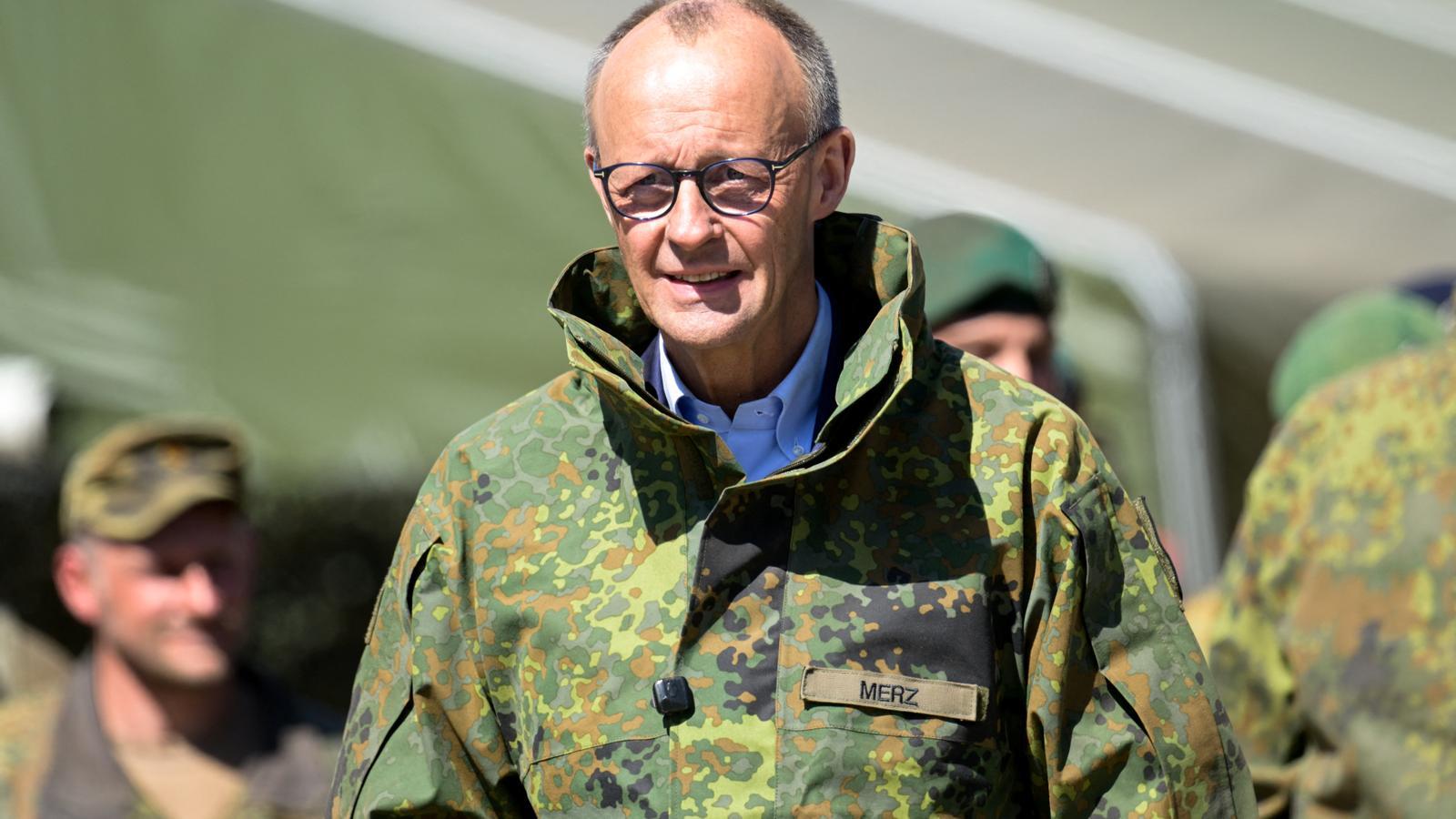 Friedrich Merz, Chancellor of Germany, on a training day at a military base of the German army in Münster, on April 30.