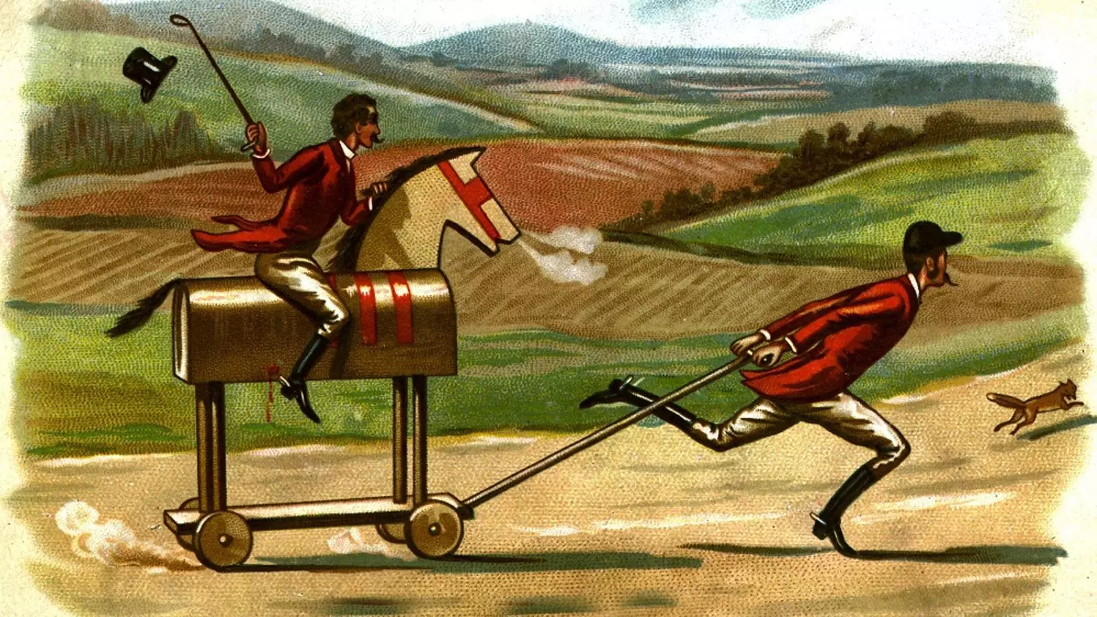 Dos caçadors persegueixen una guineu a lloms d'un cavall de fusta, en un gravat de l'època victoriana.