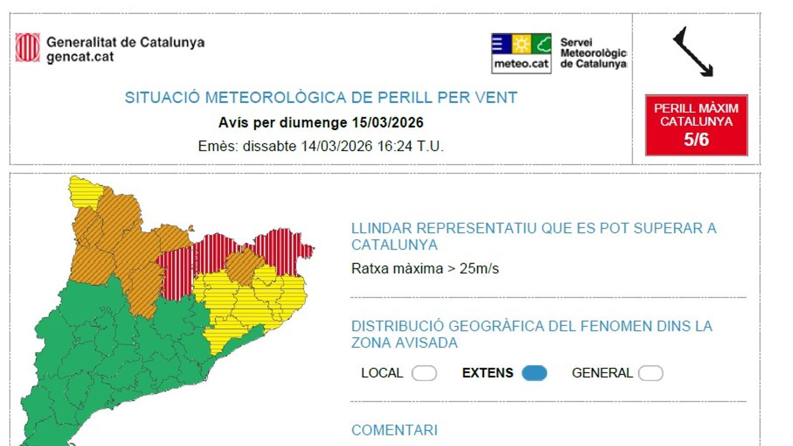 Aviso por viento vigente el domingo.