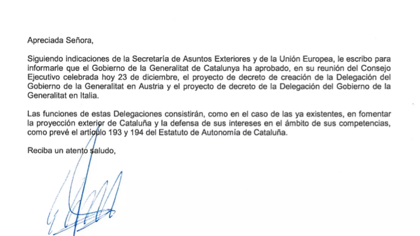 Fotografia de la carta que la Generalitat va remetre al govern espanyol / ARA