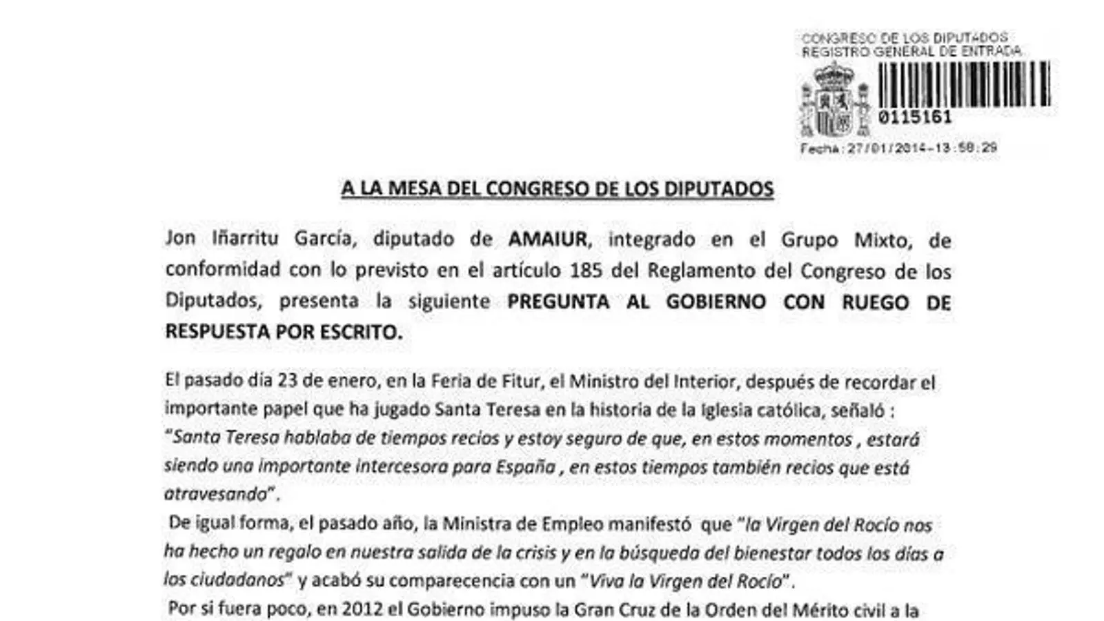 El document que recull les preguntes d'Amaiur