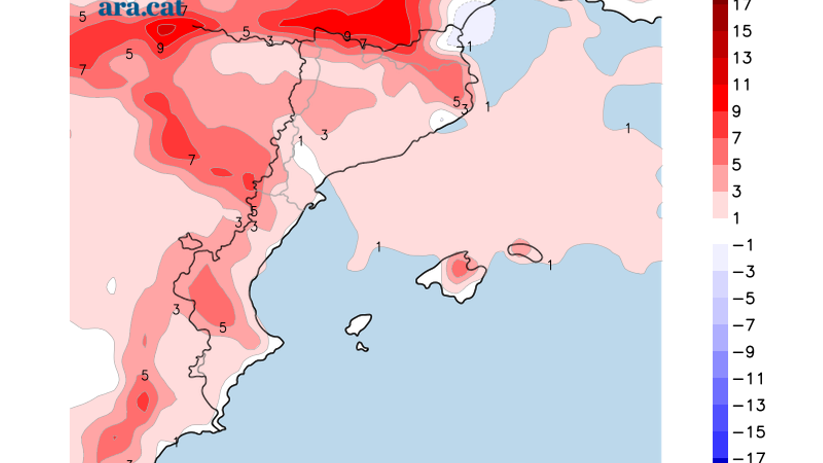 Difference in expected daytime temperature between now and then.