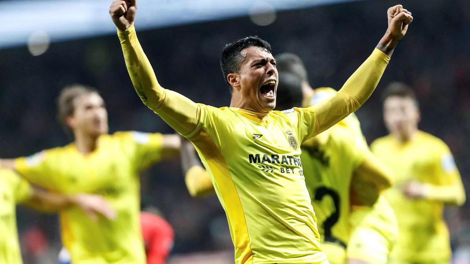 El migcampista Pedro Porro celebrant el gol que donava la classificació al Girona en el partit de Copa contra l’Atlètic de Madrid.