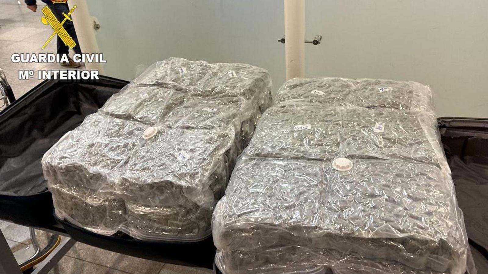 Vacuum-packed marijuana in the intercepted suitcases. Provided by the Civil Guard.