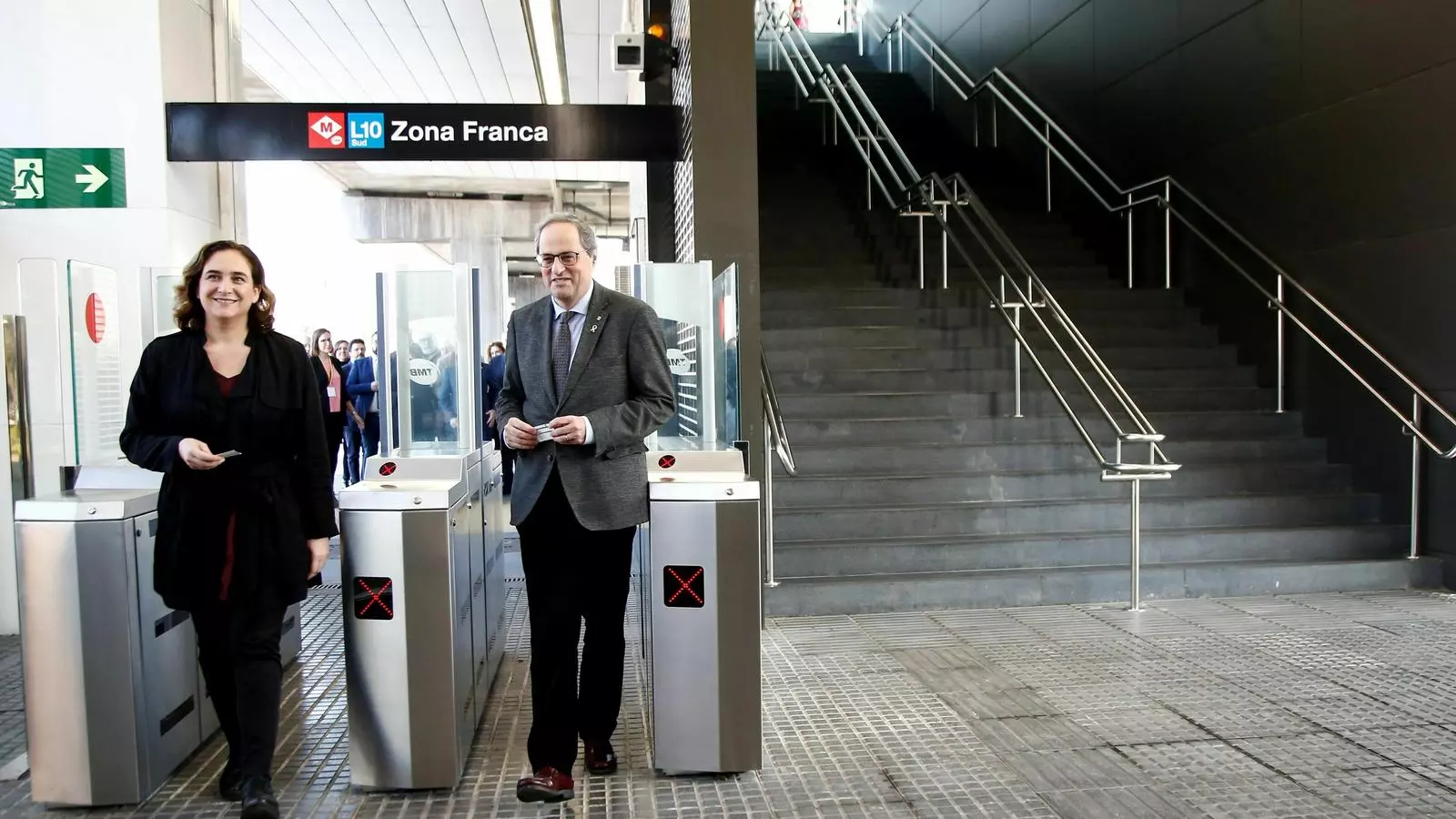 L'alcaldessa Ada Colau i el president Quim Torra en la inauguració de la parada de la Zona Franca, de la L10 Sud