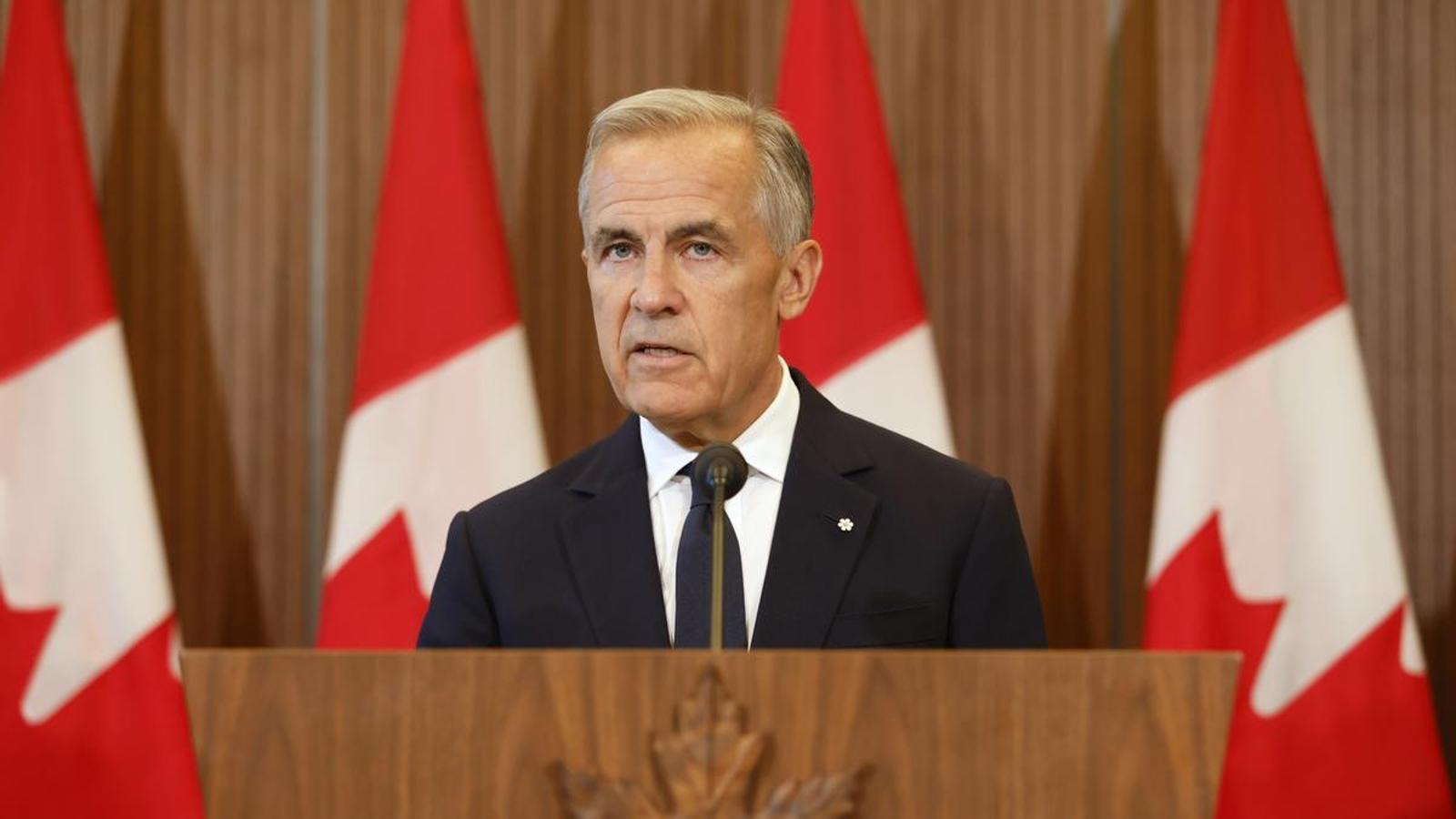 The Prime Minister of Canada, Mark Carney, at the press conference responding to Trump's new tariffs.