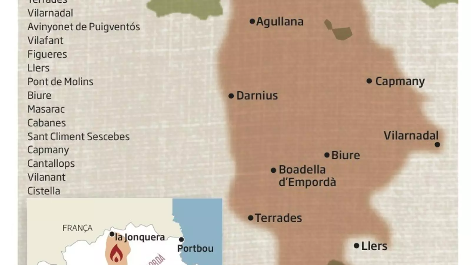 Gràfic incendi de la Jonquera, dilluns 23 juliol, llista de pobles ampliada / E. UTRILLA