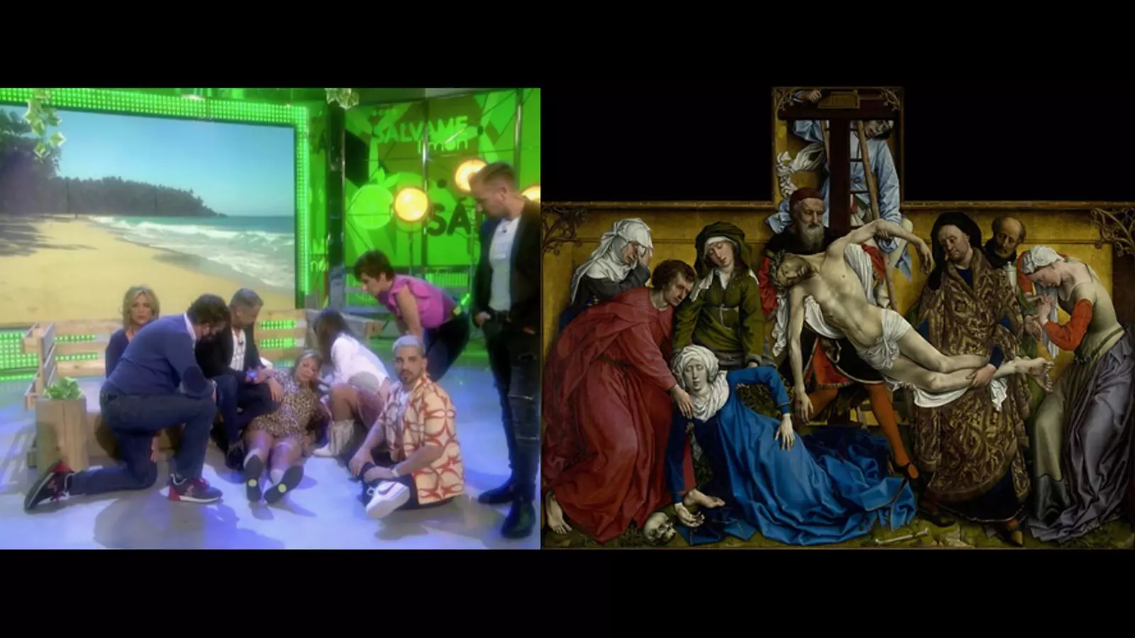 montaje de Belén Esteban en el tierra del plató de 'Sálvame' después de caer y romperse la tibia y el peroné y el cuadro ‘El davallament de la cruz’. La obra del siglo XV, de Rogier de Van der Weyden