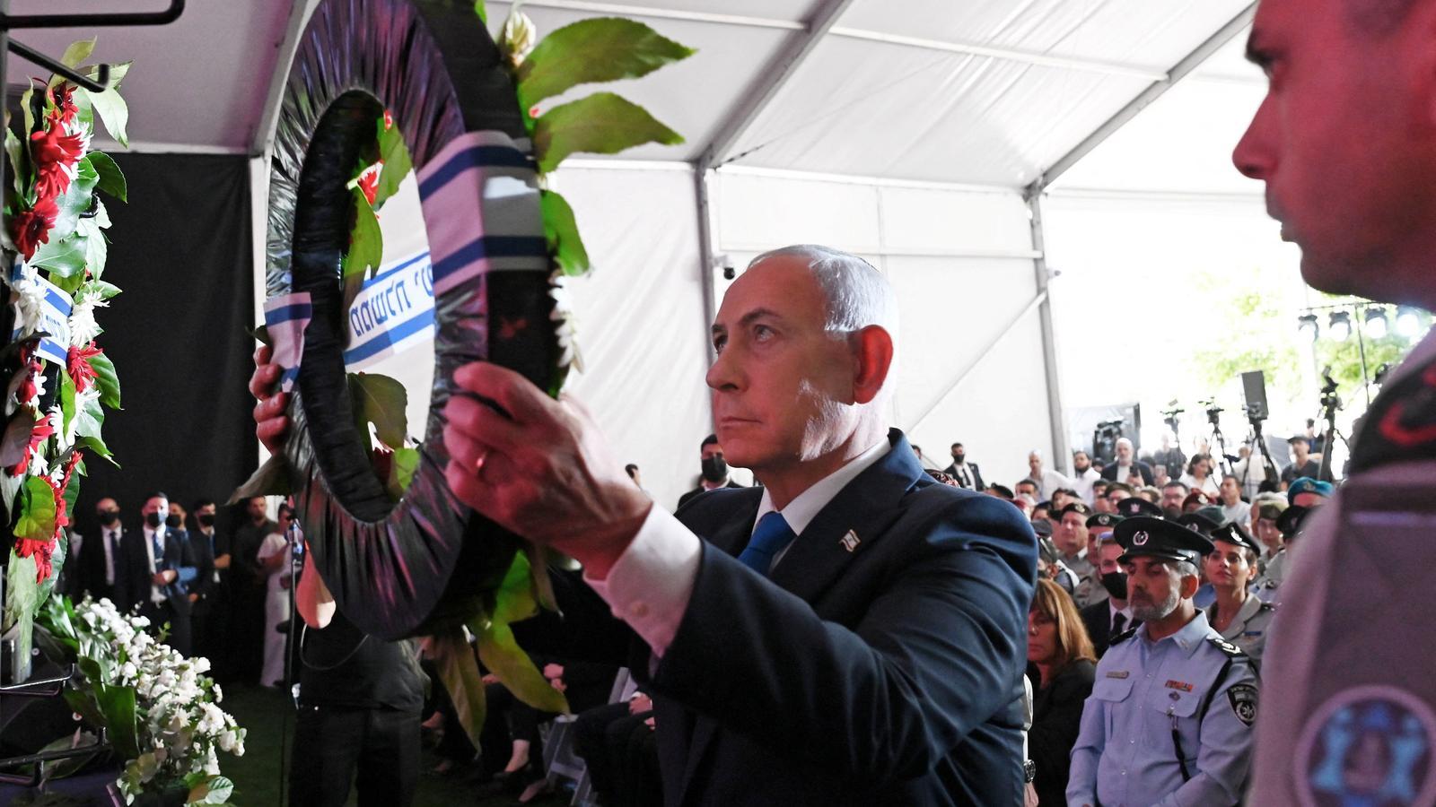 The Israeli Prime Minister, Benjamin Netanyahu, during the state ceremony in commemoration of the third anniversary of the Hamas attacks, Monday at Mount Herzl, in Jerusalem.