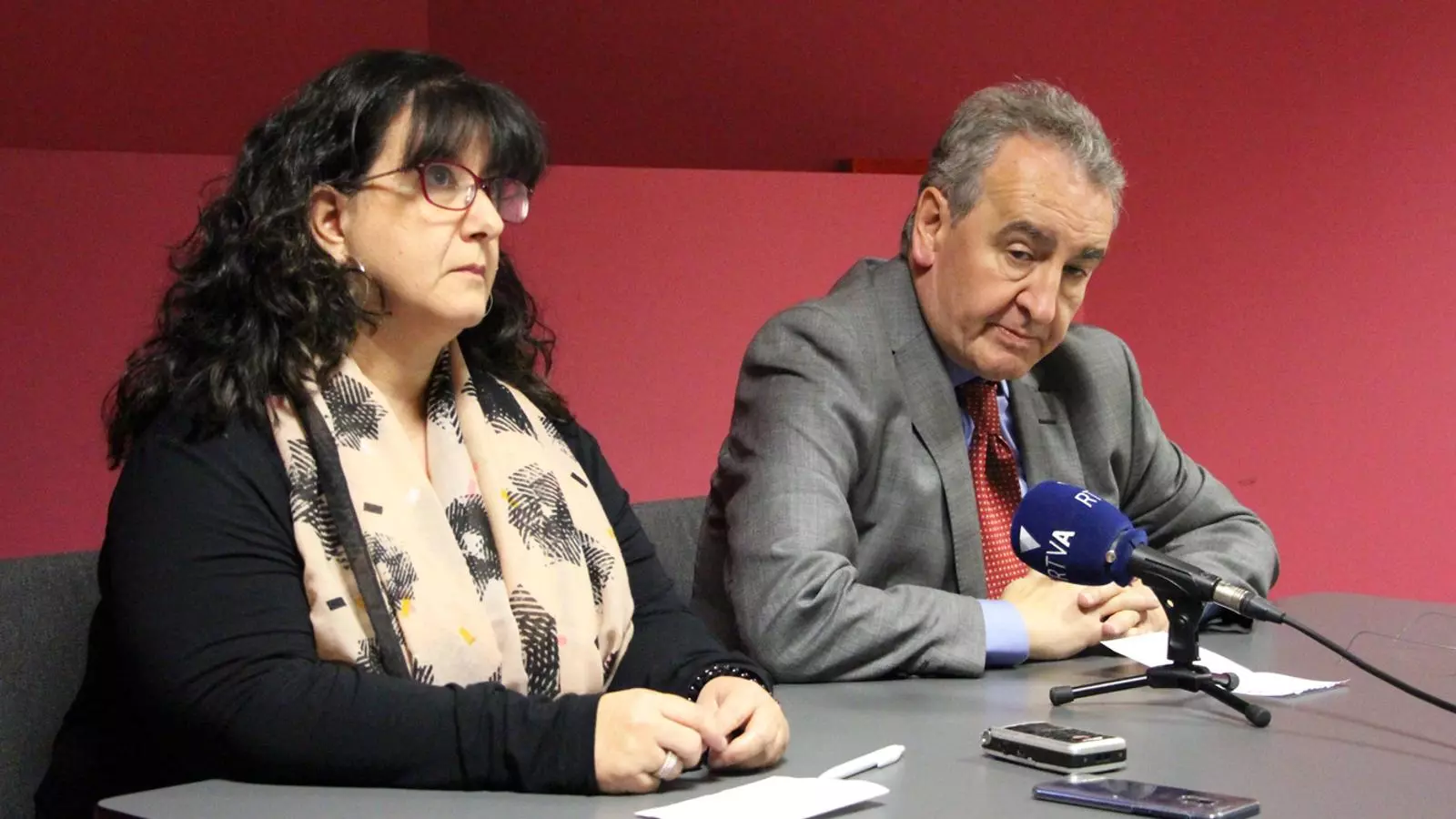 El president de Progressistes-SDP, Jaume Bartumeu, i la candidata a la llista d'En Comú Podem, Meritxell Pujol, durant la roda de premsa. / M. P.