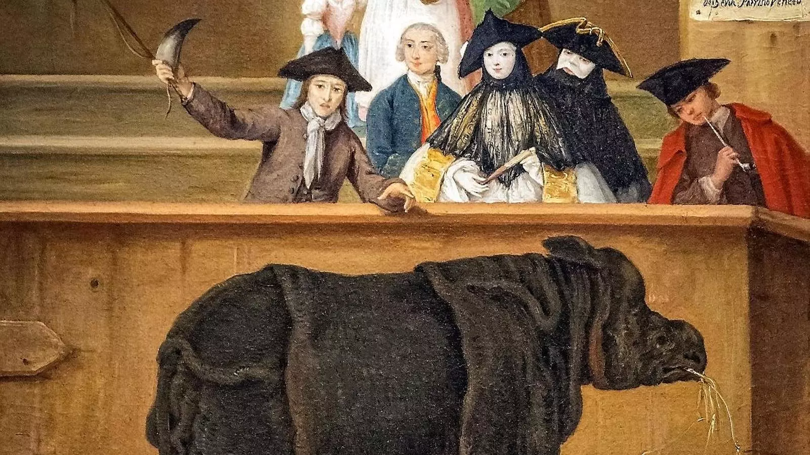 A l’esquerra, el famós gravat de l’alemany Albert Dürer del rinoceront que va arribar a la cort portuguesa el 1515 provinent de l’Índia. Al centre, un quadre de Pietro Longhi del 1751 que recorda la visita de la rinoceront Clara al Carnaval de Venècia d’aquell any. A dalt, una de les primeres representacions conservades de la rinoceront Ganda, provinent d’una crònica portuguesa.
