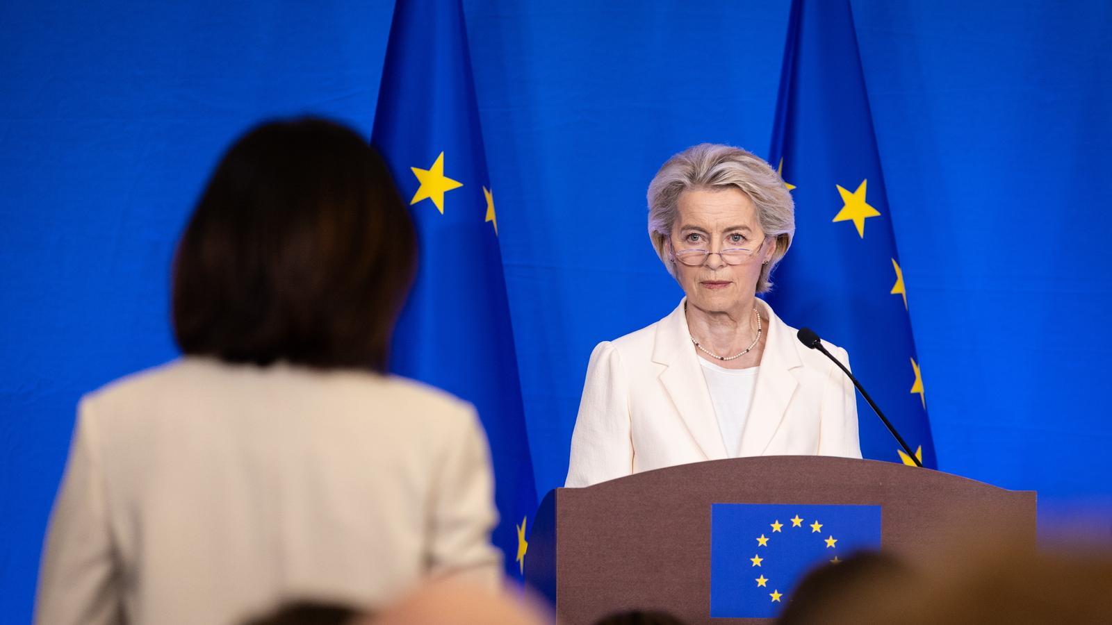 Ursula von der Leyen addressing the media at a press conference.