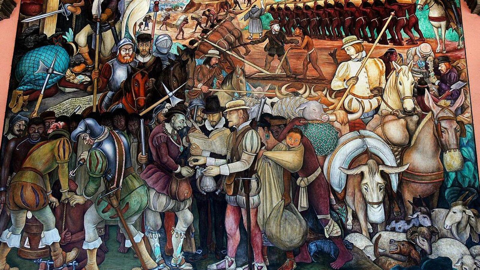 Representation of the exploitation of the indigenous people by the Spanish conquistadors. Mural by Diego Rivera
