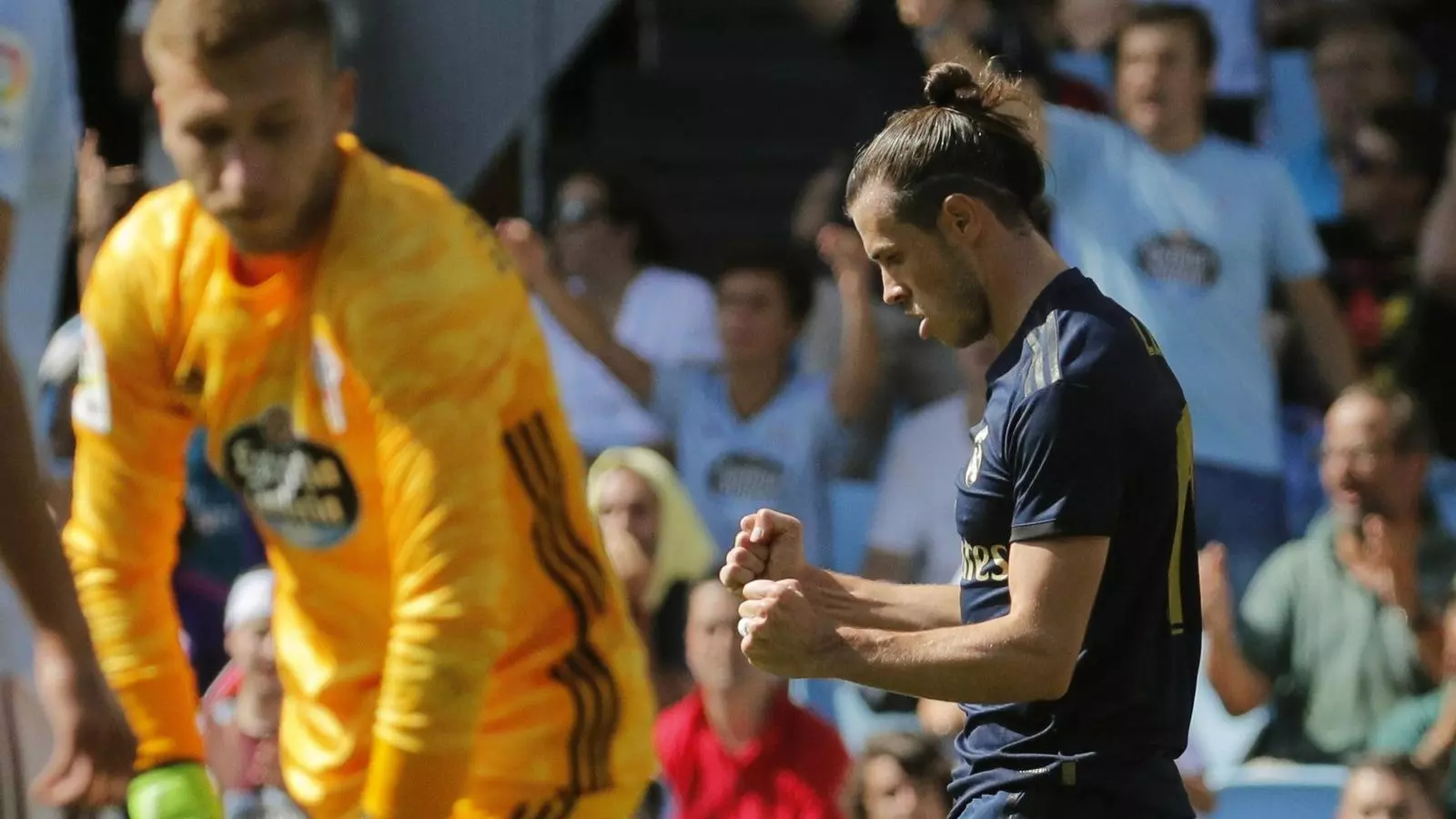 Gareth Bale celebra la victòria del Reial Madrid contra el Celta