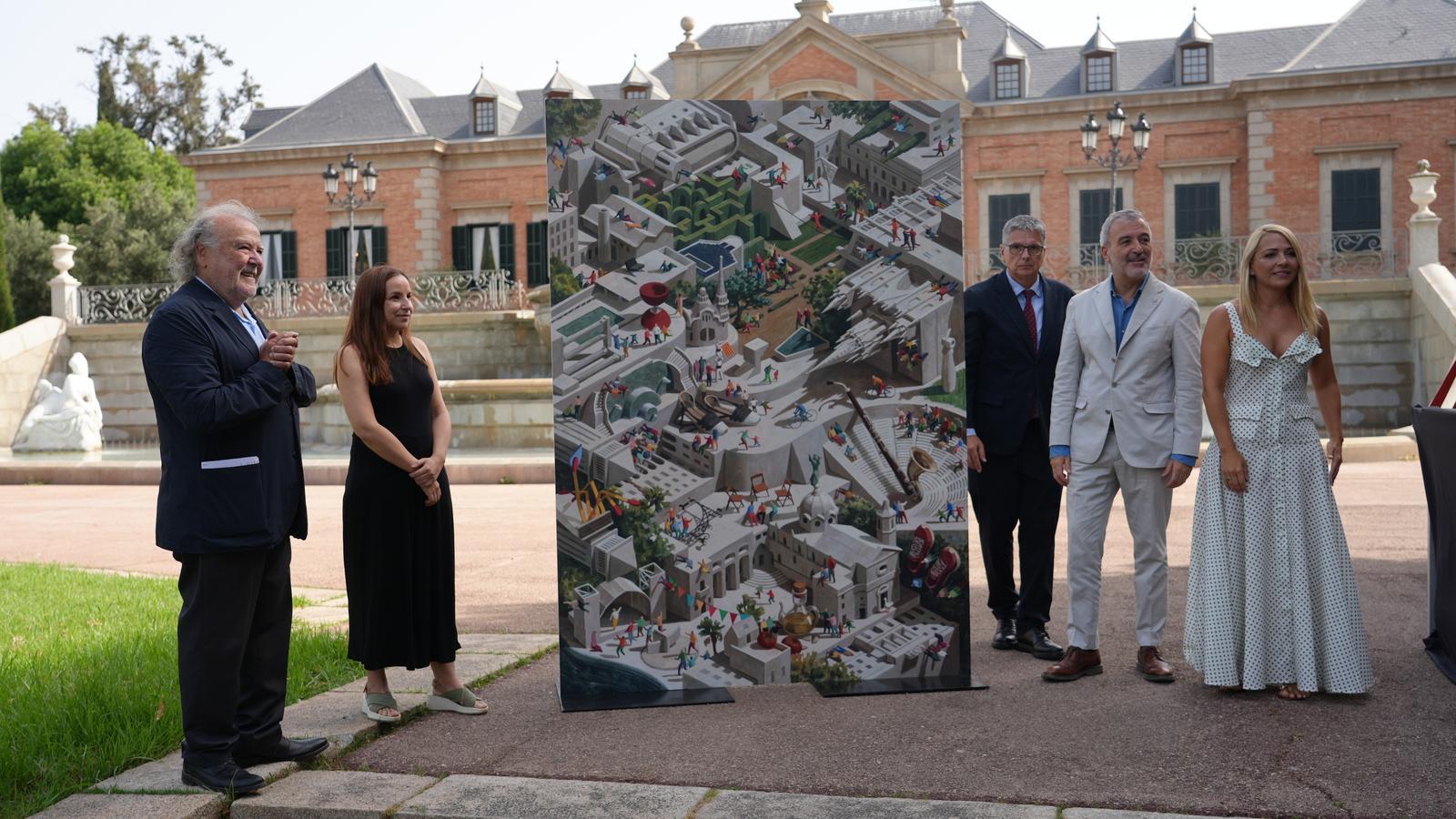 Antoni Falgueras, herald of La Mercè 2026; Cinta Vidal, author of the poster and mural; Jaume Collboni, mayor of Barcelona, and Meritxell Falgueras, sommelier and daughter of the herald