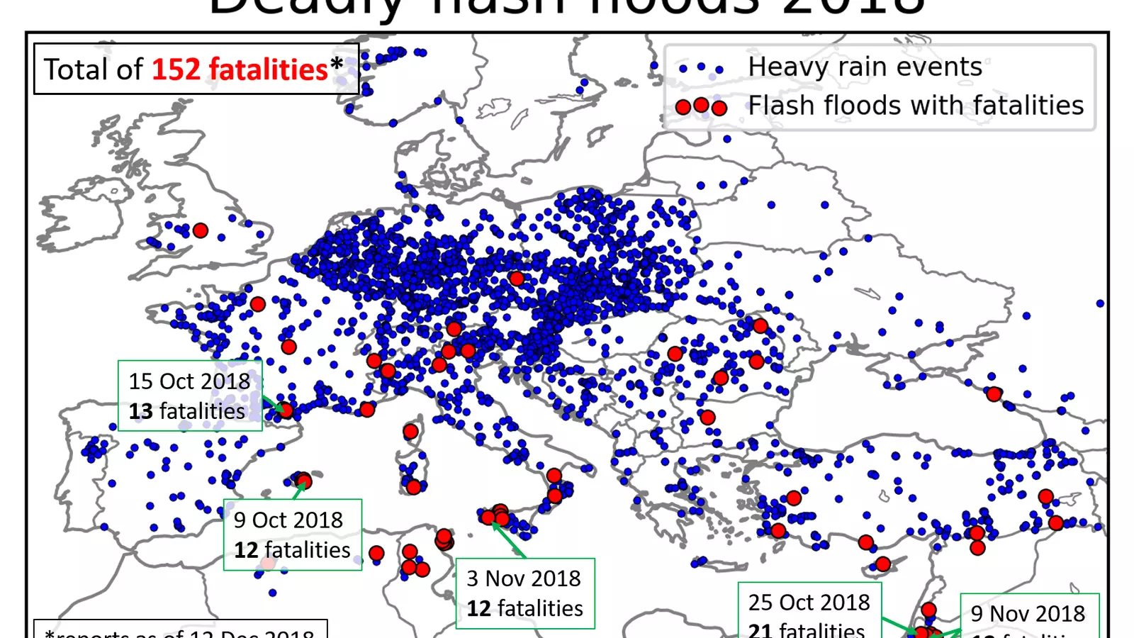 Mapa dels episodis de pluges intenses (punts blaus) i dels que han causat víctimes mortals (punts vermells) aquest any a Europa i zones properes