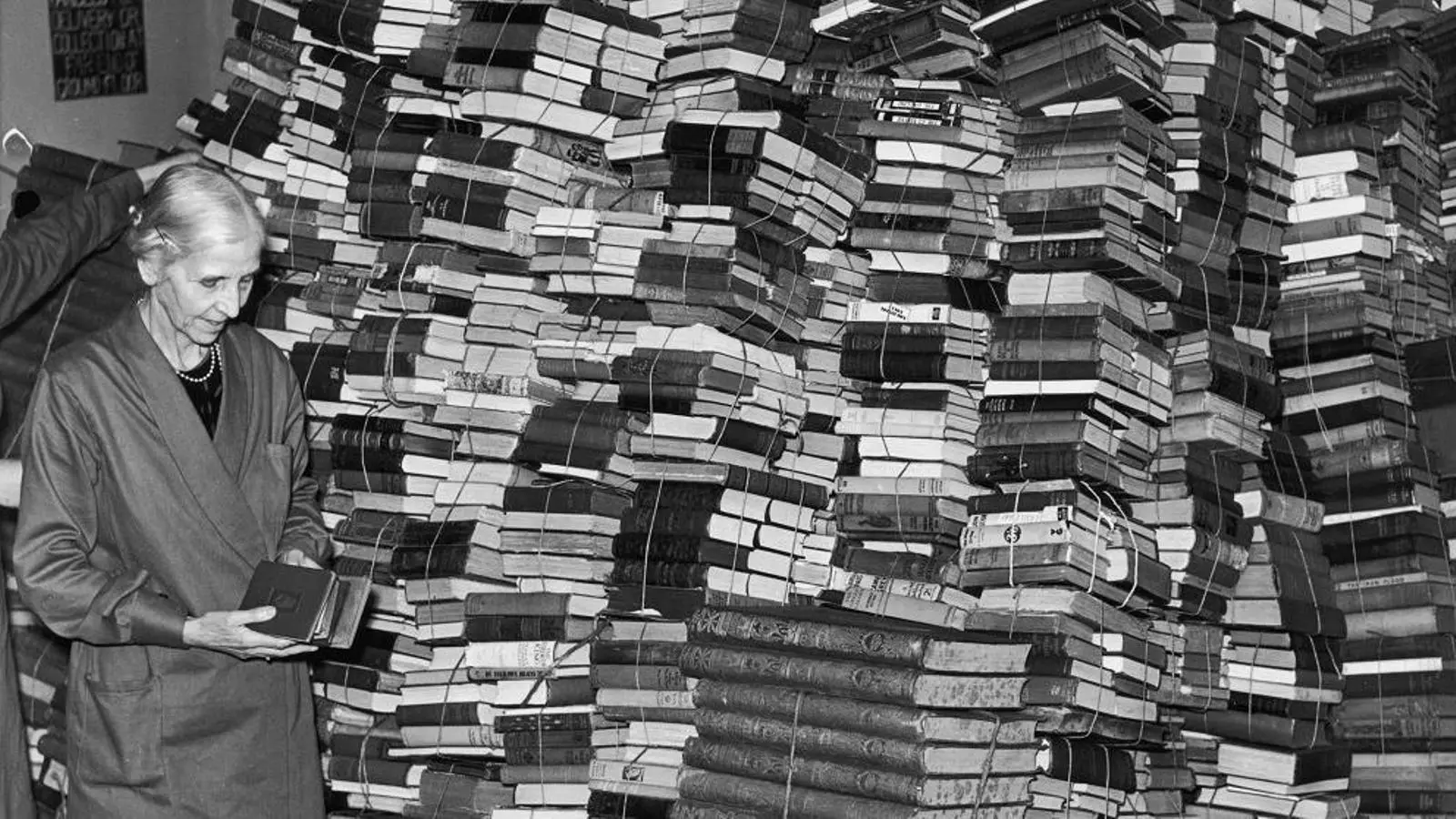 Una dona consulta muntanyes de llibres.