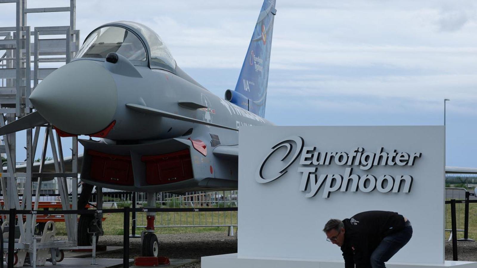 A Eurofighter Typhoon model aircraft in an exhibition in Germany.