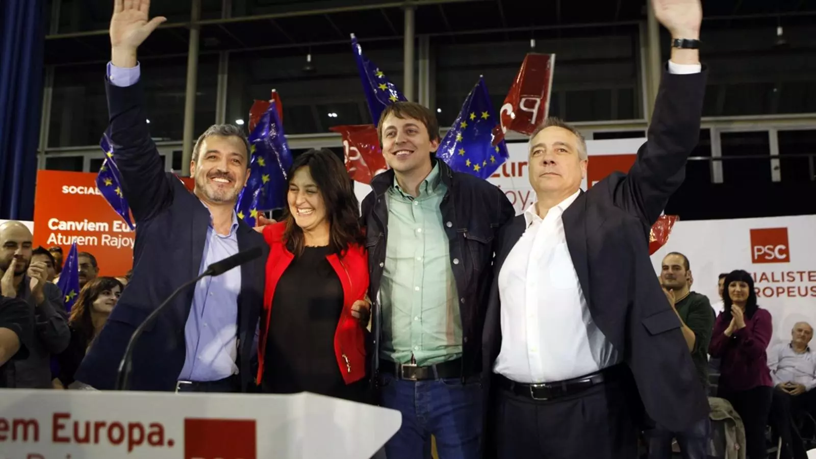 Jaume Collboni, Esther Niubó, Javi López i Pere Navarro, en el míting d'arrencada de la campanya per a les eleccions europees del 25-M / CÈLIA ATSET