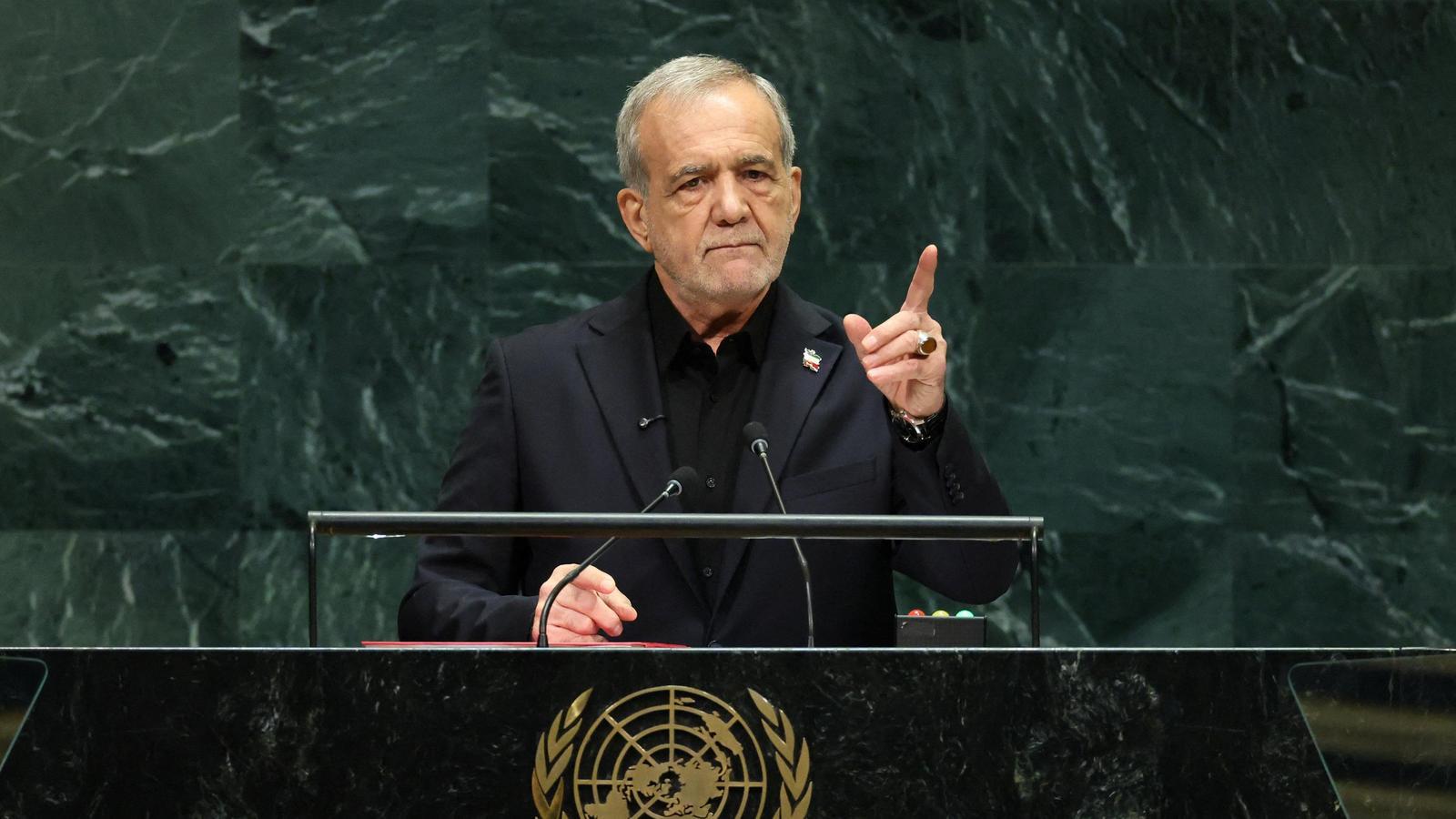 The president of Iran, Masoud Pezeshkian, during his speech before the 81st UN General Assembly, in New York.